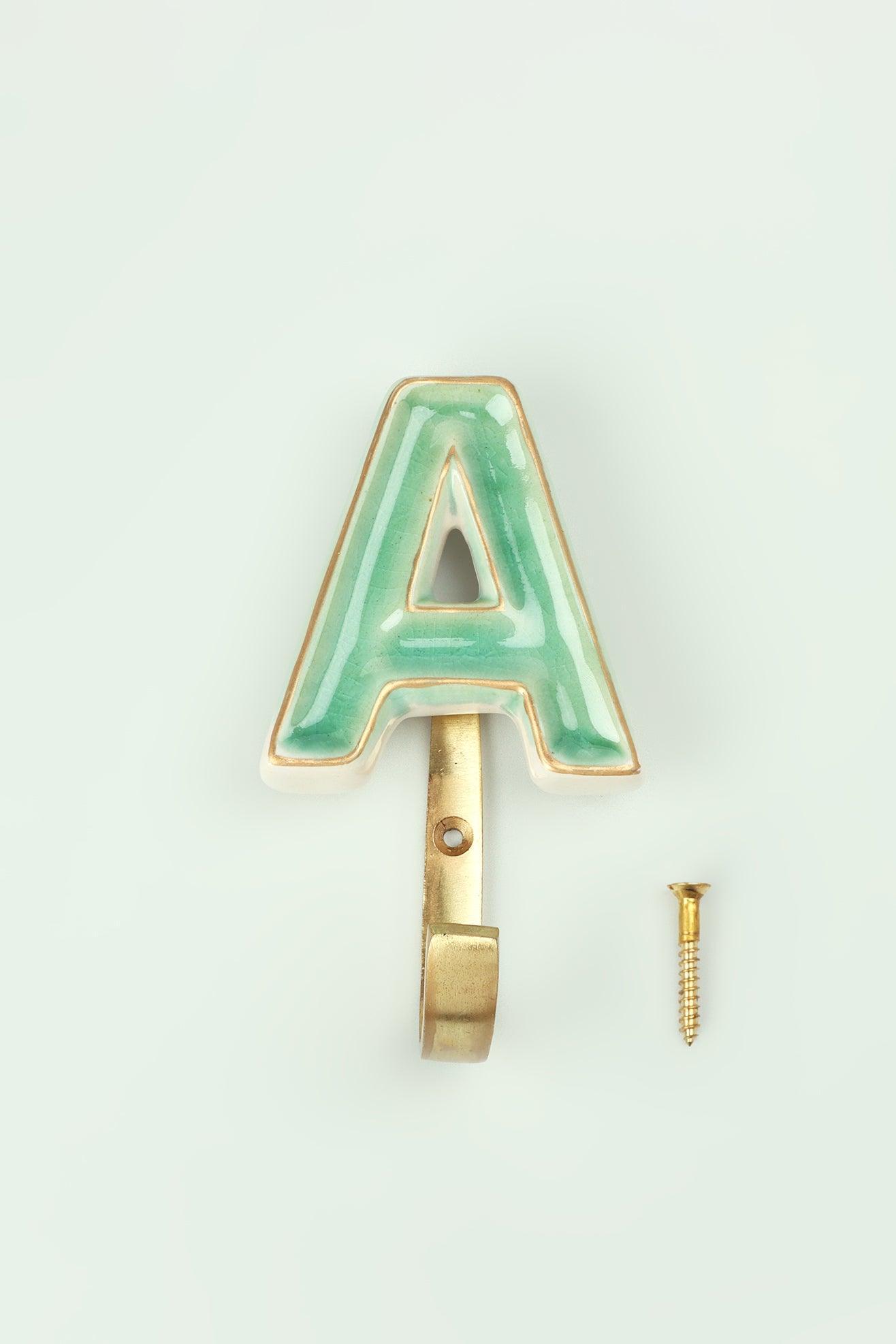 Personalised Handcrafted Monogram Alphabet Green Crackle Glazed Hooks Hand-Painted Ceramic & Antique Finish Brass Letter Wall Coat Hooks - G Decor