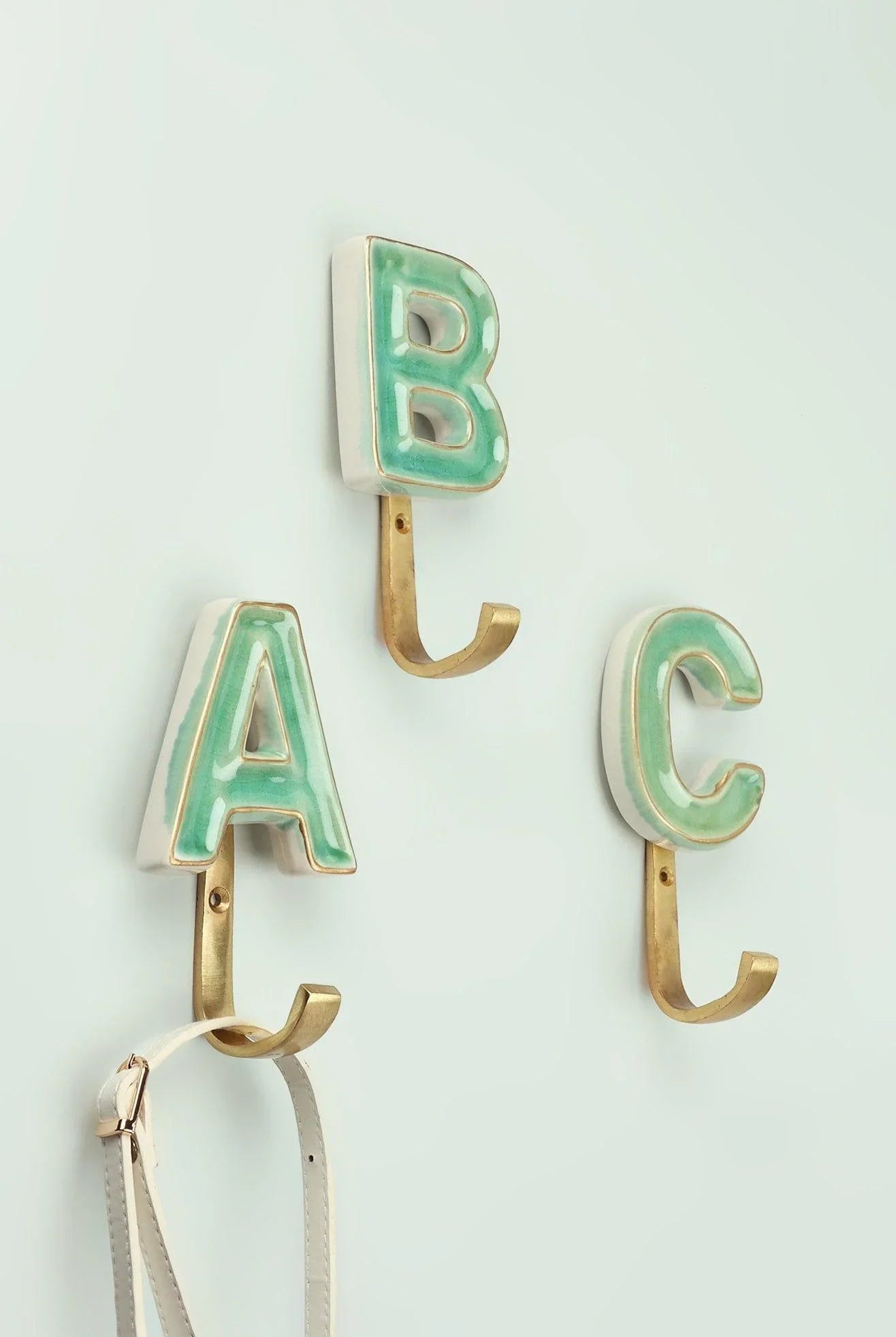 Personalised Handcrafted Monogram Alphabet Green Crackle Glazed Hooks Hand-Painted Ceramic & Antique Finish Brass Letter Wall Coat Hooks - G Decor