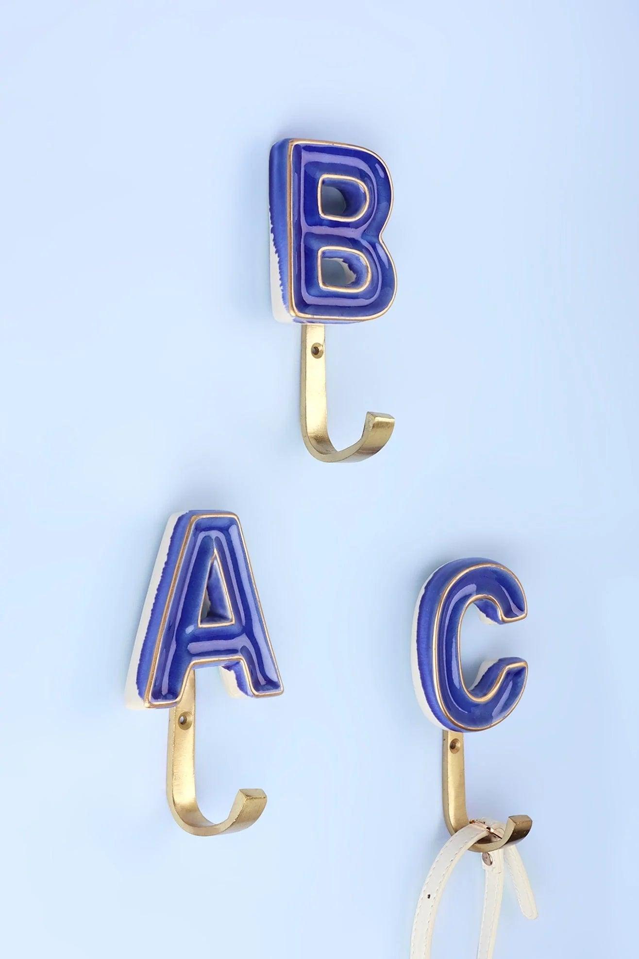 Personalised Handcrafted Monogram Alphabet Royal Blue Crackle Glazed Hooks Hand-Painted Ceramic & Antique Finish Brass Letter Wall Coat Hooks - G Decor