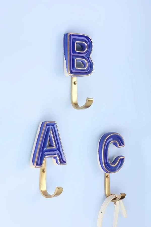 Personalised Royal Blue Crackle Monogram Coat Hook — Antique Brass