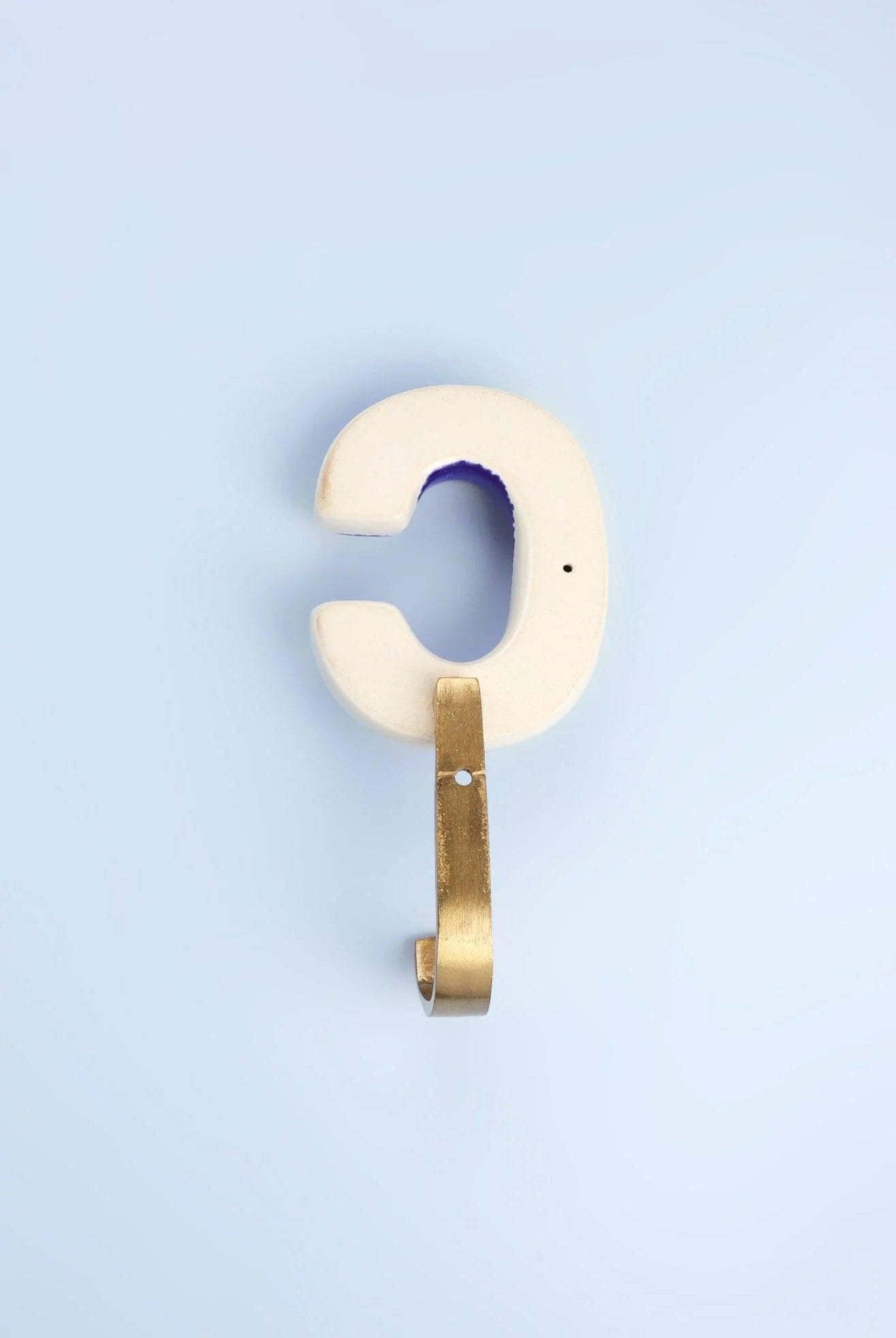 Personalised Handcrafted Monogram Alphabet Royal Blue Crackle Glazed Hooks Hand-Painted Ceramic & Antique Finish Brass Letter Wall Coat Hooks - G Decor