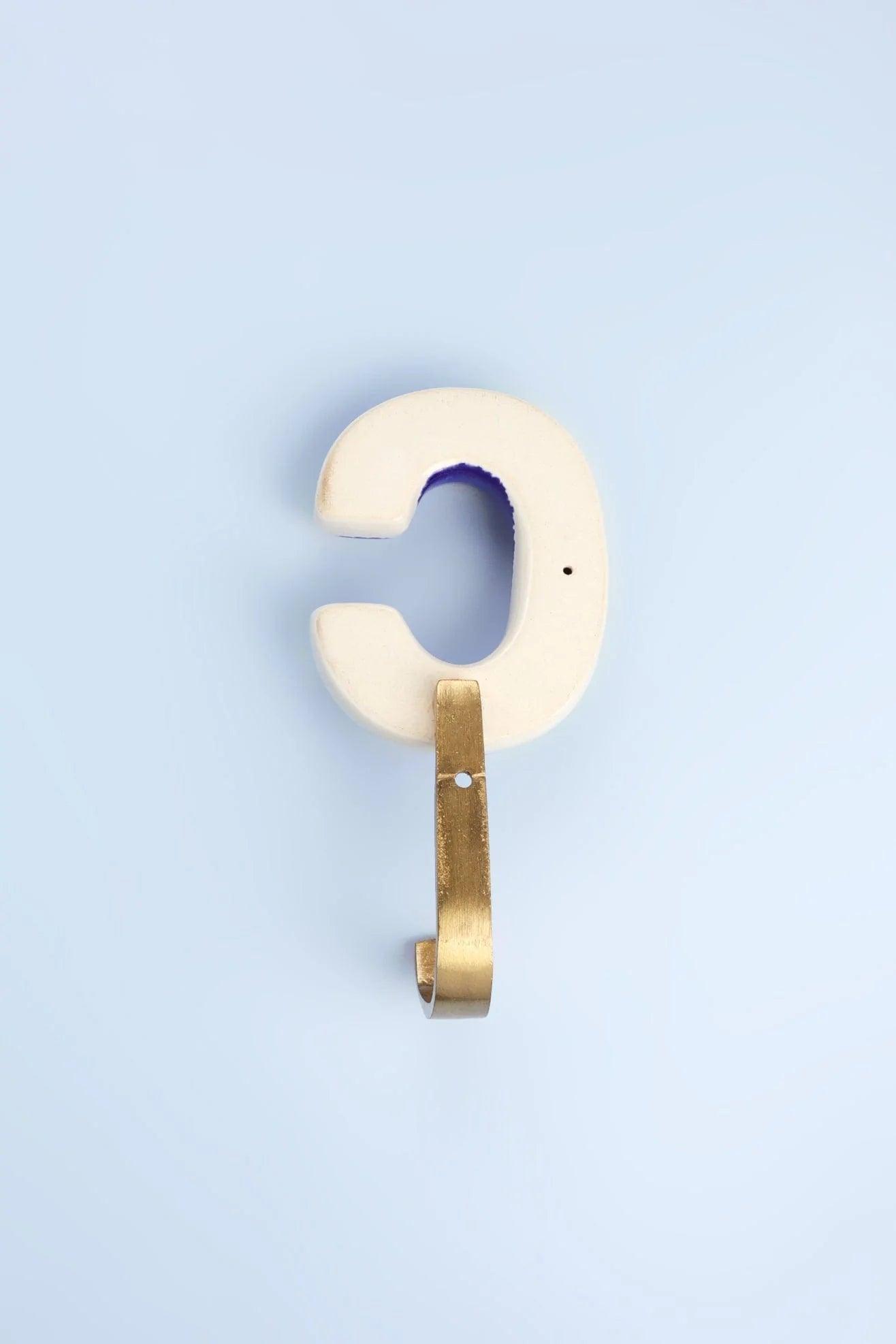 Personalised Handcrafted Monogram Alphabet Royal Blue Crackle Glazed Hooks Hand-Painted Ceramic & Antique Finish Brass Letter Wall Coat Hooks - G Decor