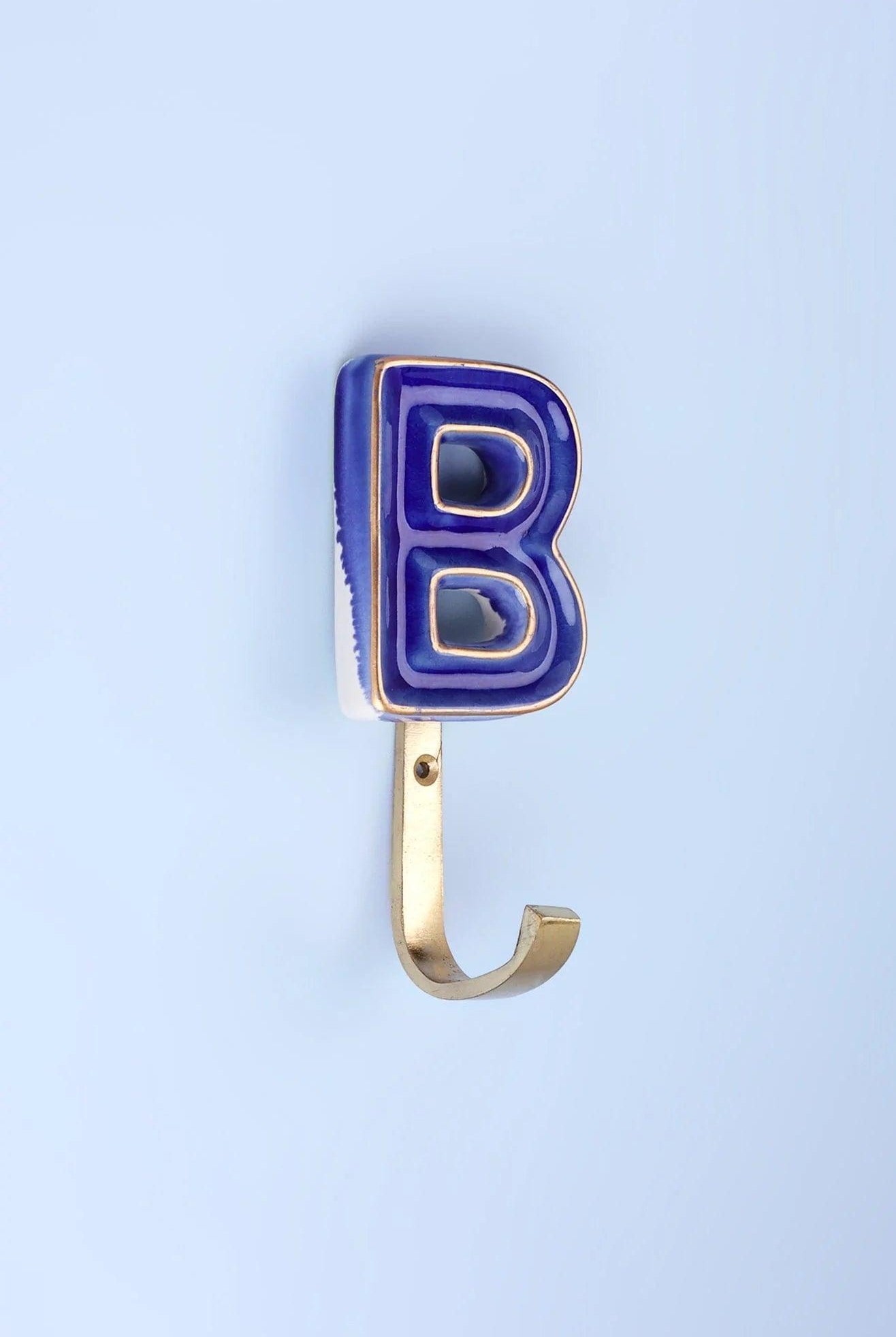 Personalised Handcrafted Monogram Alphabet Royal Blue Crackle Glazed Hooks Hand-Painted Ceramic & Antique Finish Brass Letter Wall Coat Hooks - G Decor