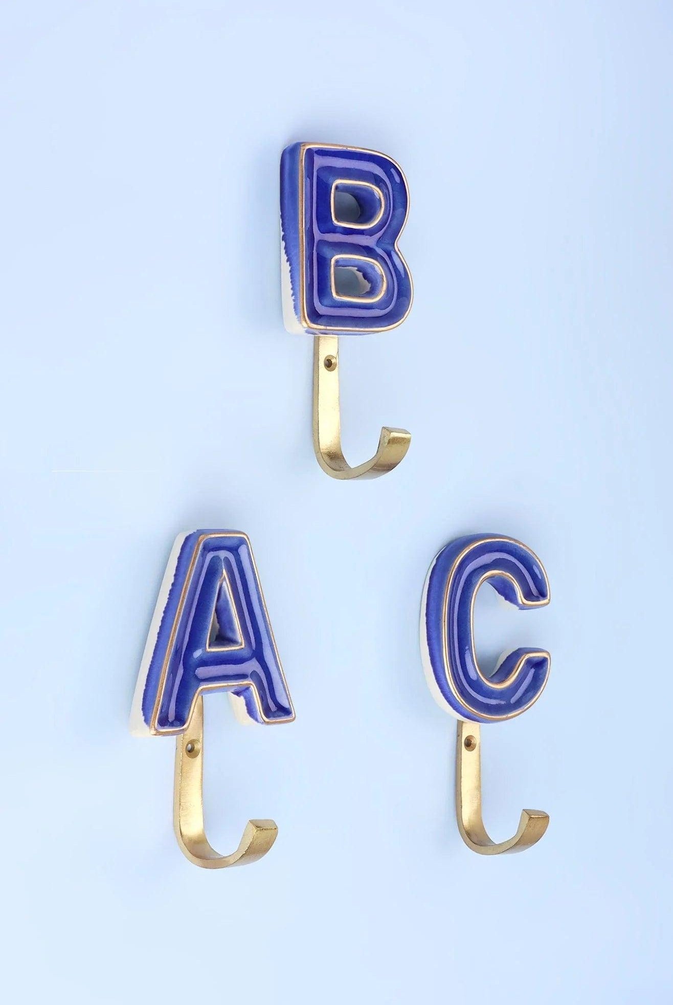 Personalised Handcrafted Monogram Alphabet Royal Blue Crackle Glazed Hooks Hand-Painted Ceramic & Antique Finish Brass Letter Wall Coat Hooks - G Decor