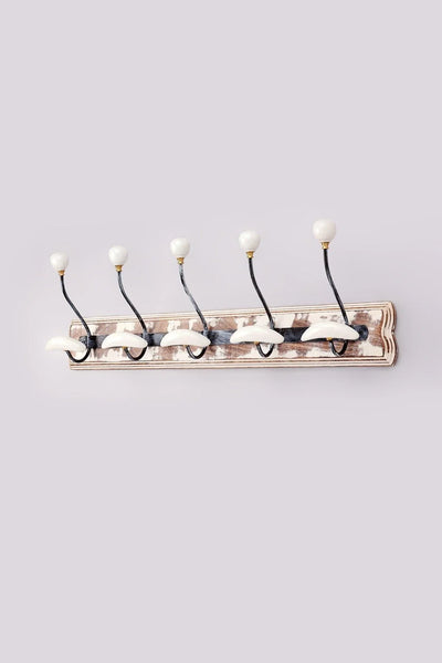 Provence Whitewash Wooden Wall Hook Rack with 5 Ceramic-Tipped Hooks