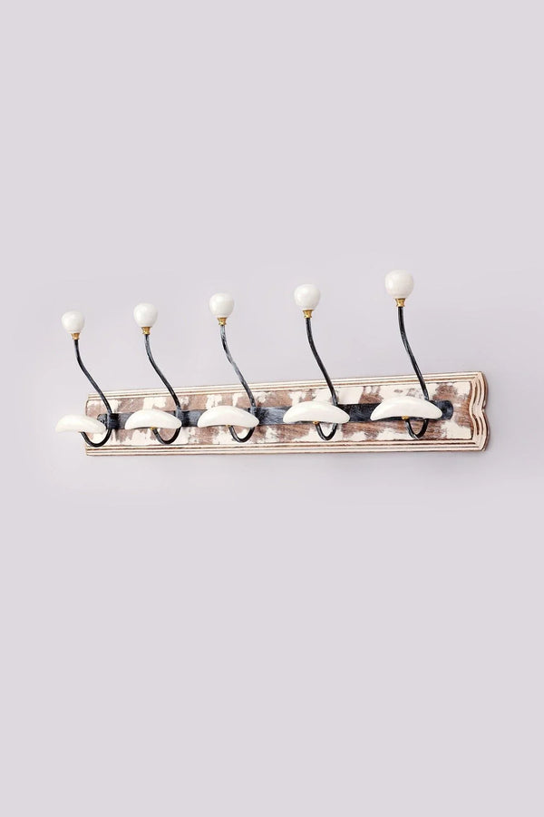 Provence Whitewash Wooden Wall Hook Rack with 5 Ceramic-Tipped Hooks