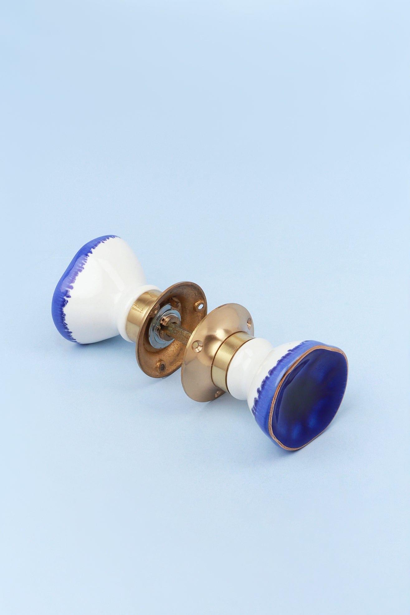 Rhodes Dark Blue Handcrafted & Hand-Painted Ceramic Mortice Door Knob Set with Crackle Glaze Finish & Solid Brass Base - Interior Door Set - G Decor