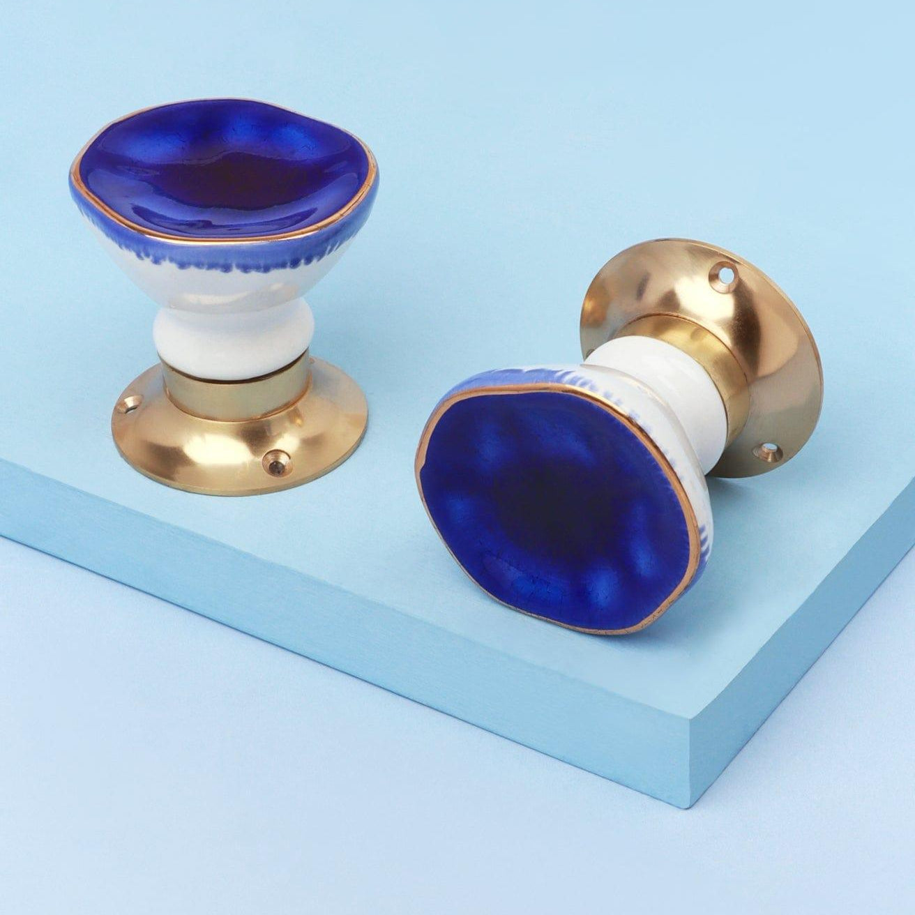 Rhodes Dark Blue Handcrafted & Hand-Painted Ceramic Mortice Door Knob Set with Crackle Glaze Finish & Solid Brass Base - Interior Door Set - G Decor