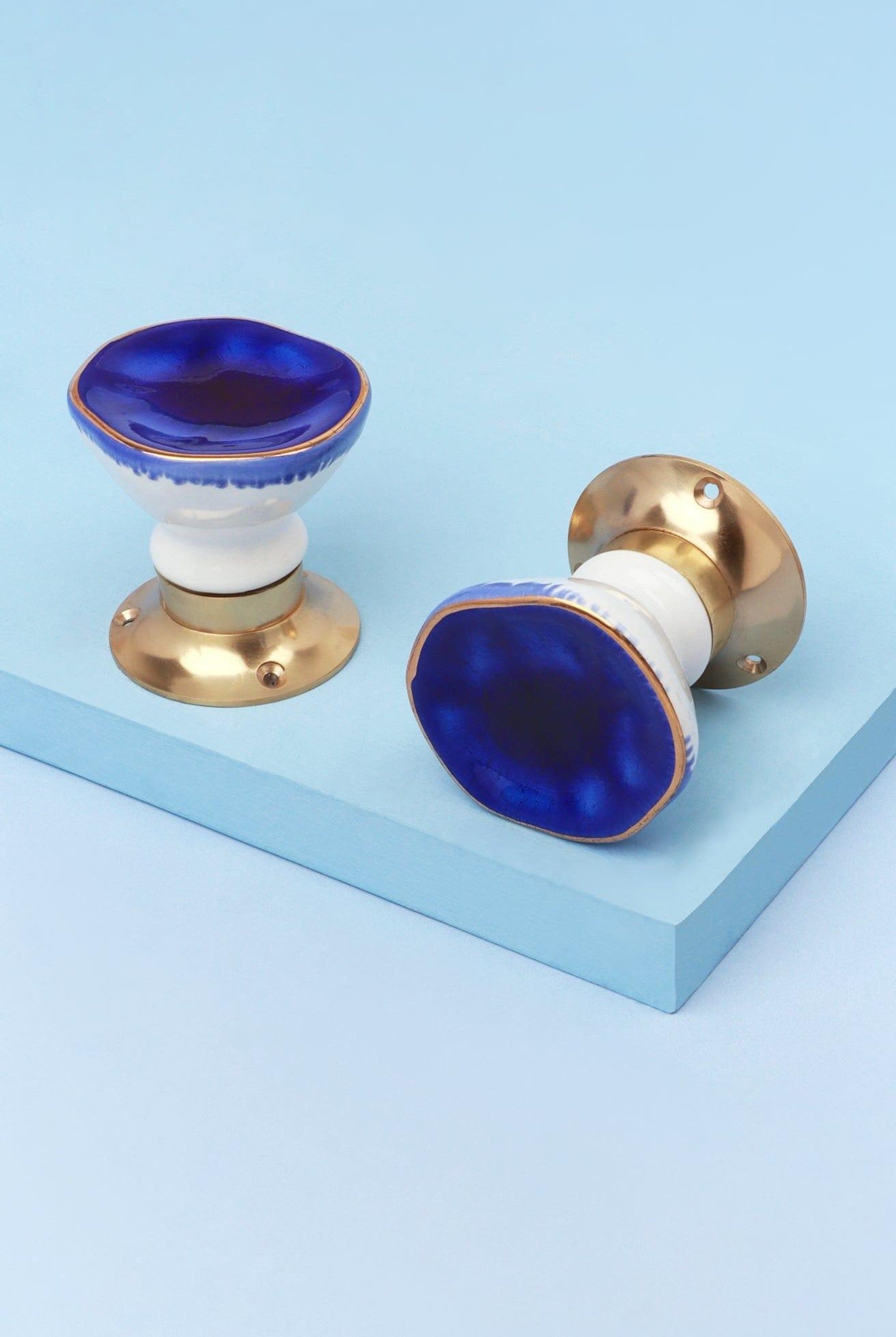 Rhodes Dark Blue Handcrafted & Hand-Painted Ceramic Mortice Door Knob Set with Crackle Glaze Finish & Solid Brass Base - Interior Door Set - G Decor