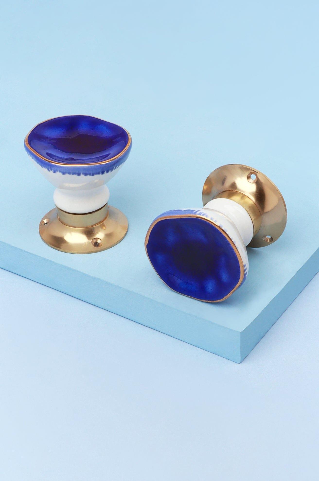 Rhodes Dark Blue Handcrafted & Hand-Painted Ceramic Mortice Door Knob Set with Crackle Glaze Finish & Solid Brass Base - Interior Door Set - G Decor