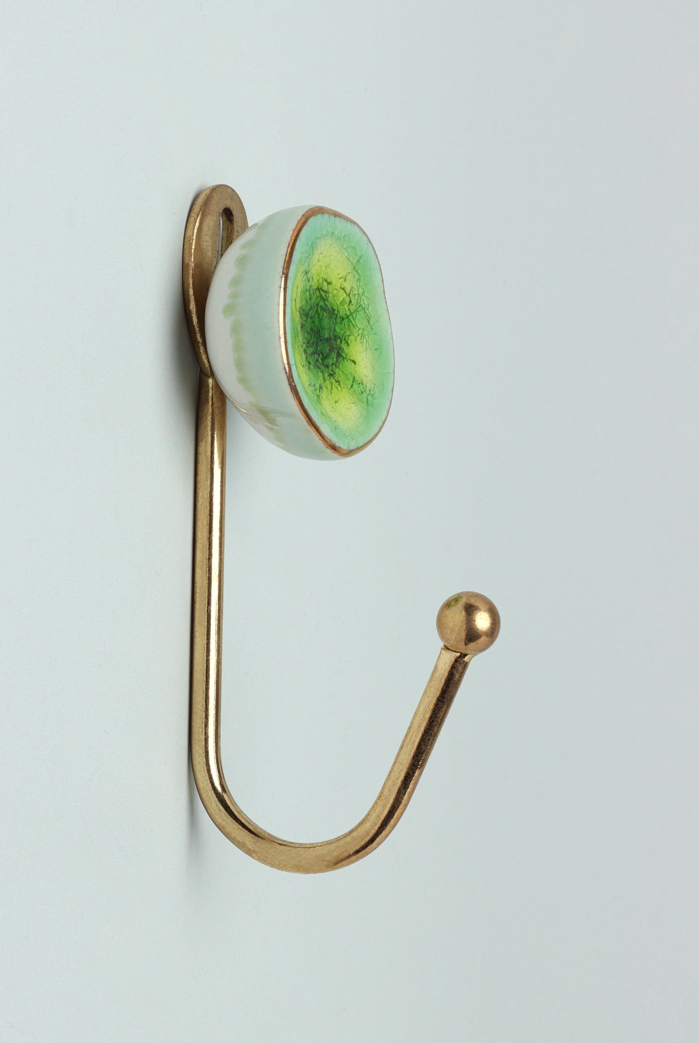 Rhodes Handmade & Handcrafted Ceramic Wall Hook Crackle Glaze with Brass Finish - G Decor