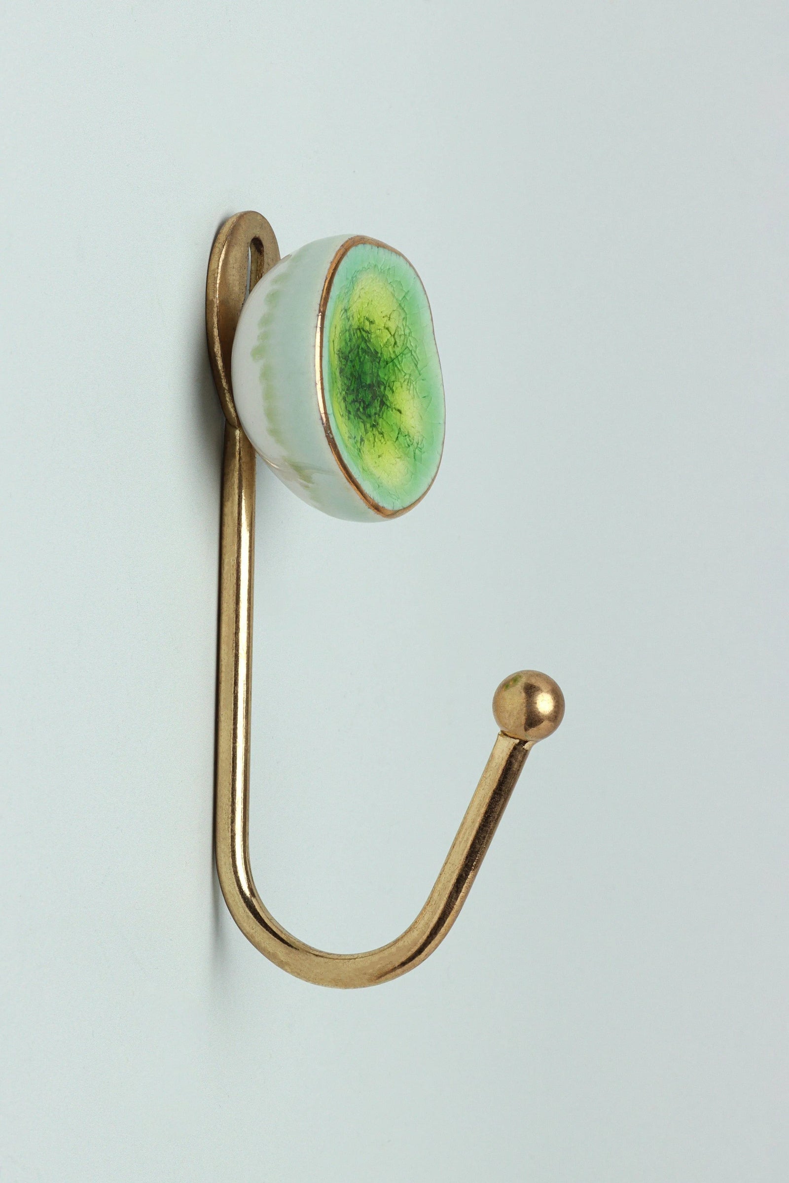 Rhodes Ceramic Wall Hook in Crackle Glaze with Brass — lifestyle view, G Decor