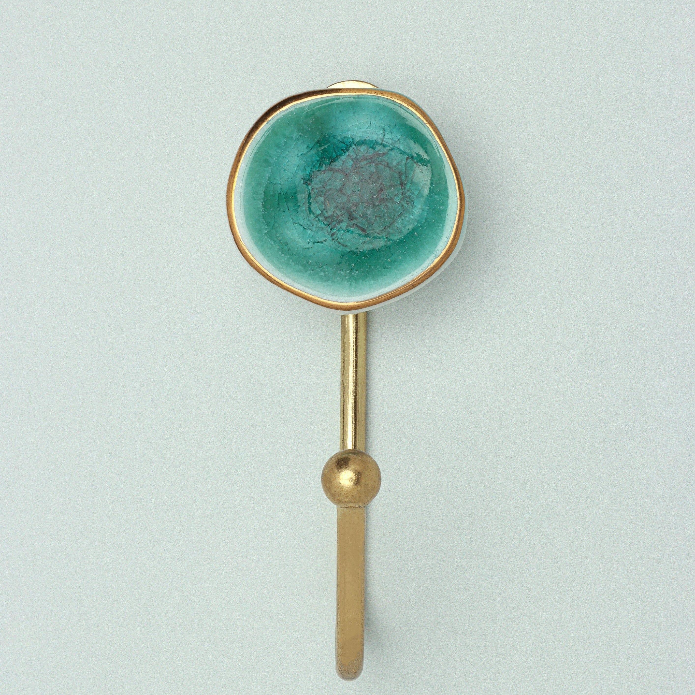 Rhodes Handmade & Handcrafted Ceramic Wall Hook Crackle Glaze with Brass Finish - G Decor