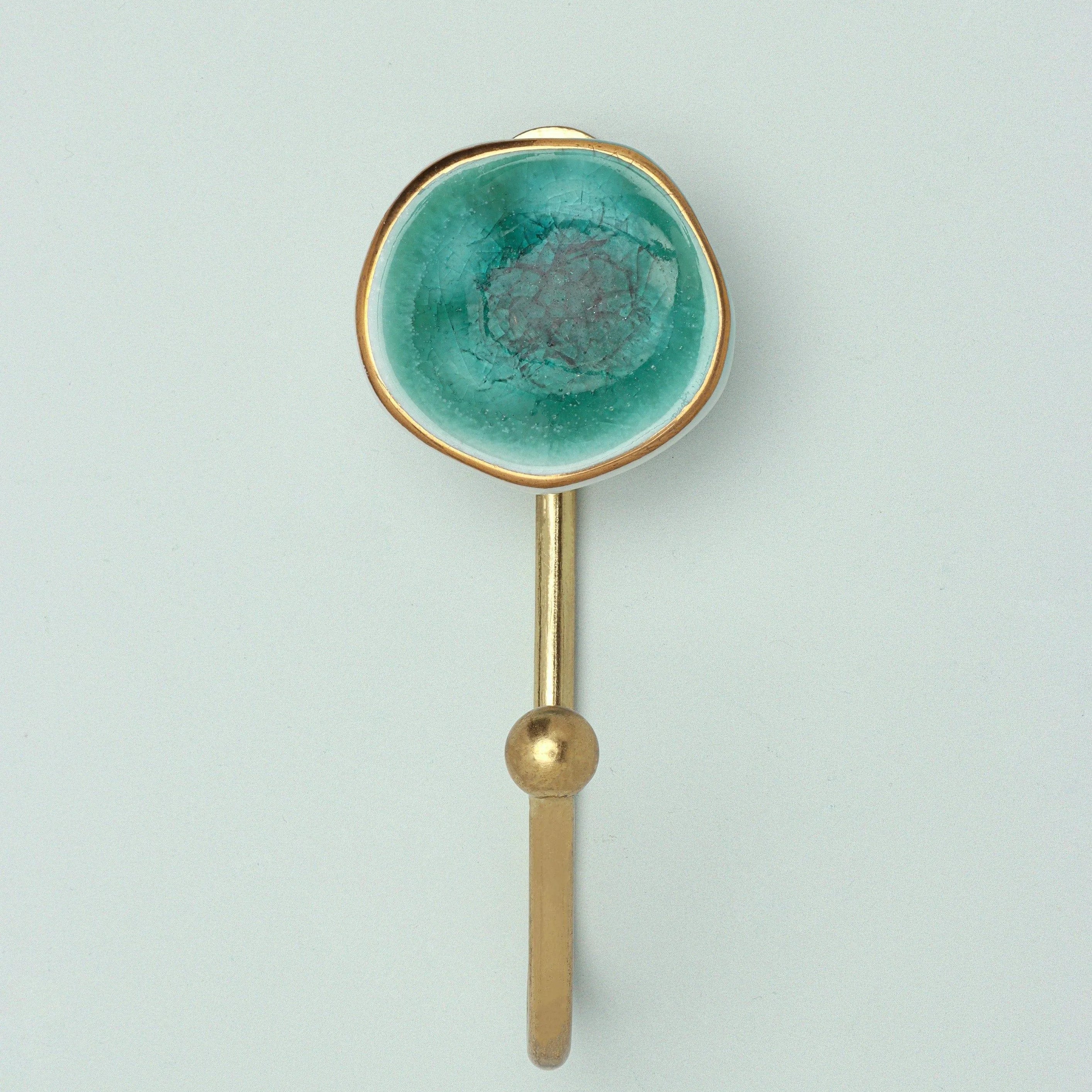 Rhodes Handmade & Handcrafted Ceramic Wall Hook Crackle Glaze with Brass Finish - G Decor