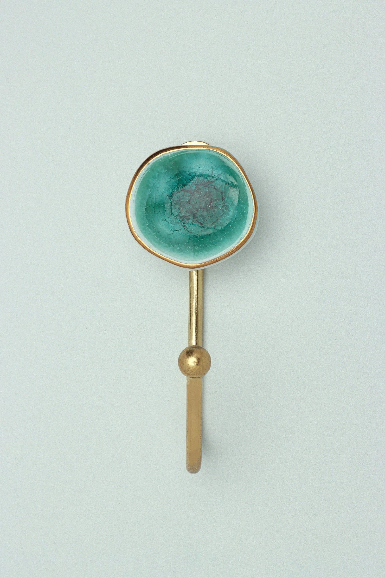 Rhodes crackle glaze wall hook close-up showing brass back plate — G Decor