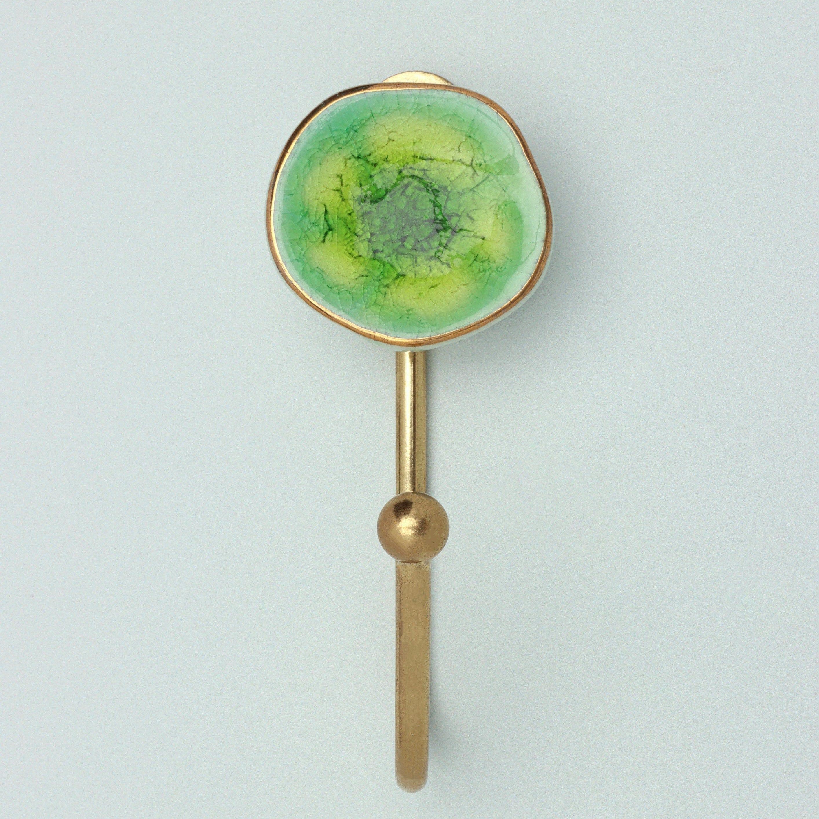 Rhodes Handmade & Handcrafted Ceramic Wall Hook Crackle Glaze with Brass Finish - G Decor