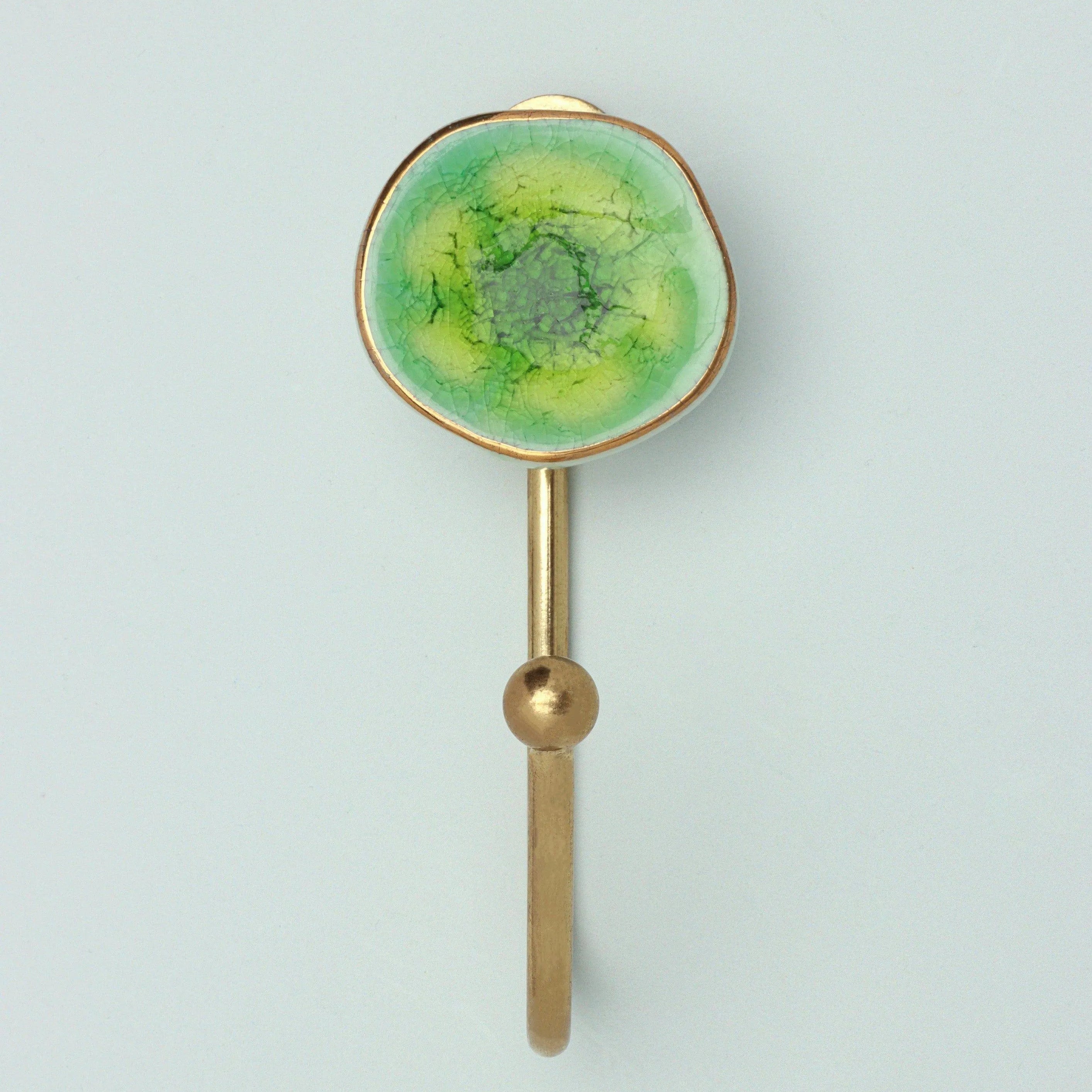 Rhodes Handmade & Handcrafted Ceramic Wall Hook Crackle Glaze with Brass Finish - G Decor