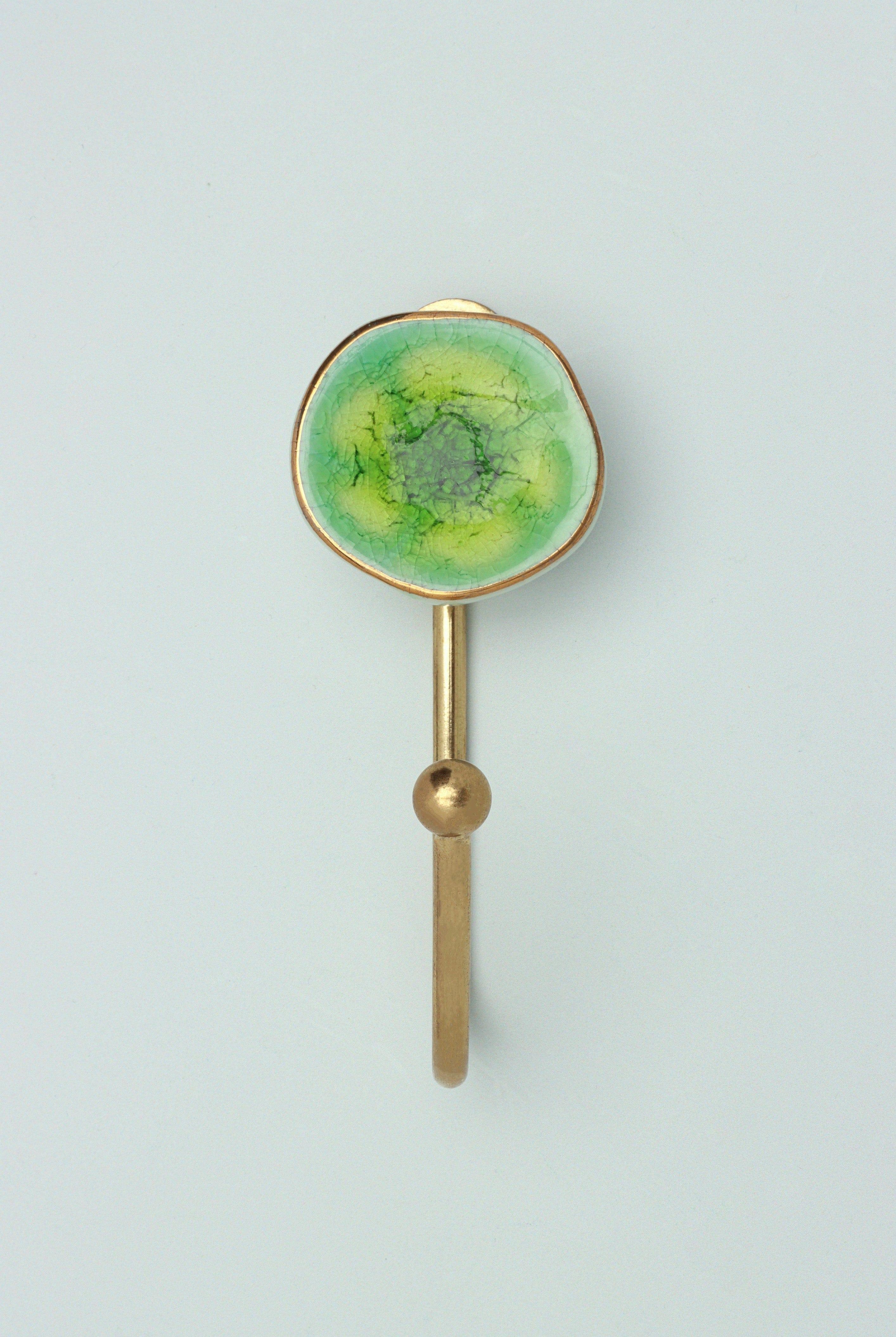 Rhodes Handmade & Handcrafted Ceramic Wall Hook Crackle Glaze with Brass Finish - G Decor