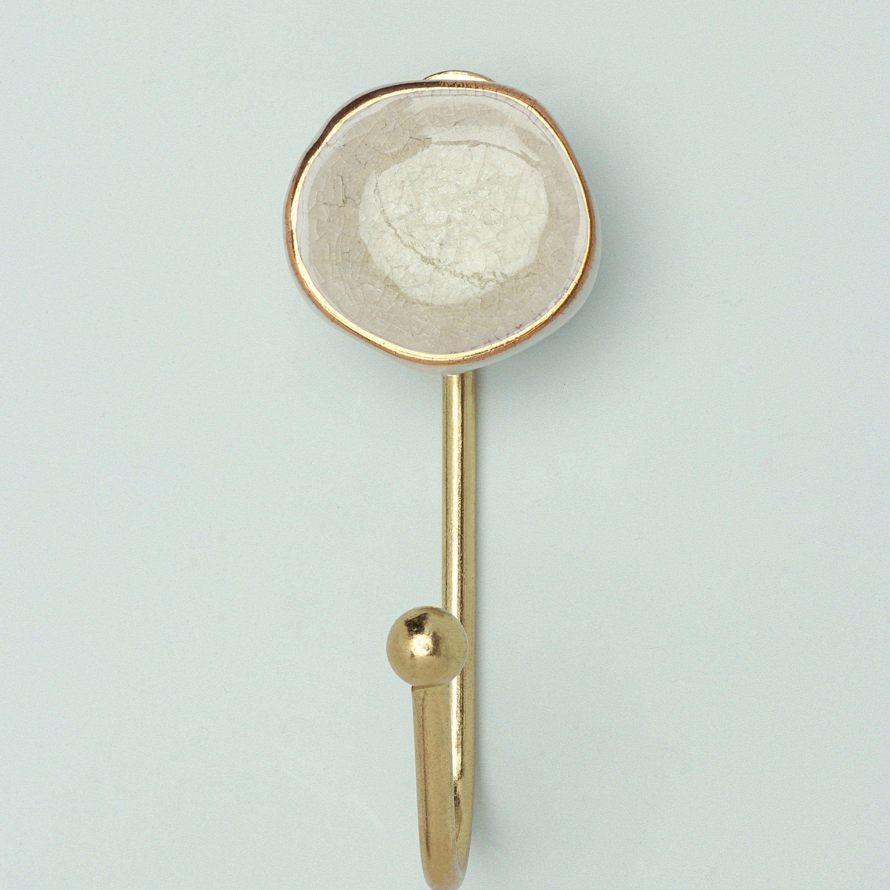 Rhodes Handmade & Handcrafted Ceramic Wall Hook Crackle Glaze with Brass Finish - G Decor