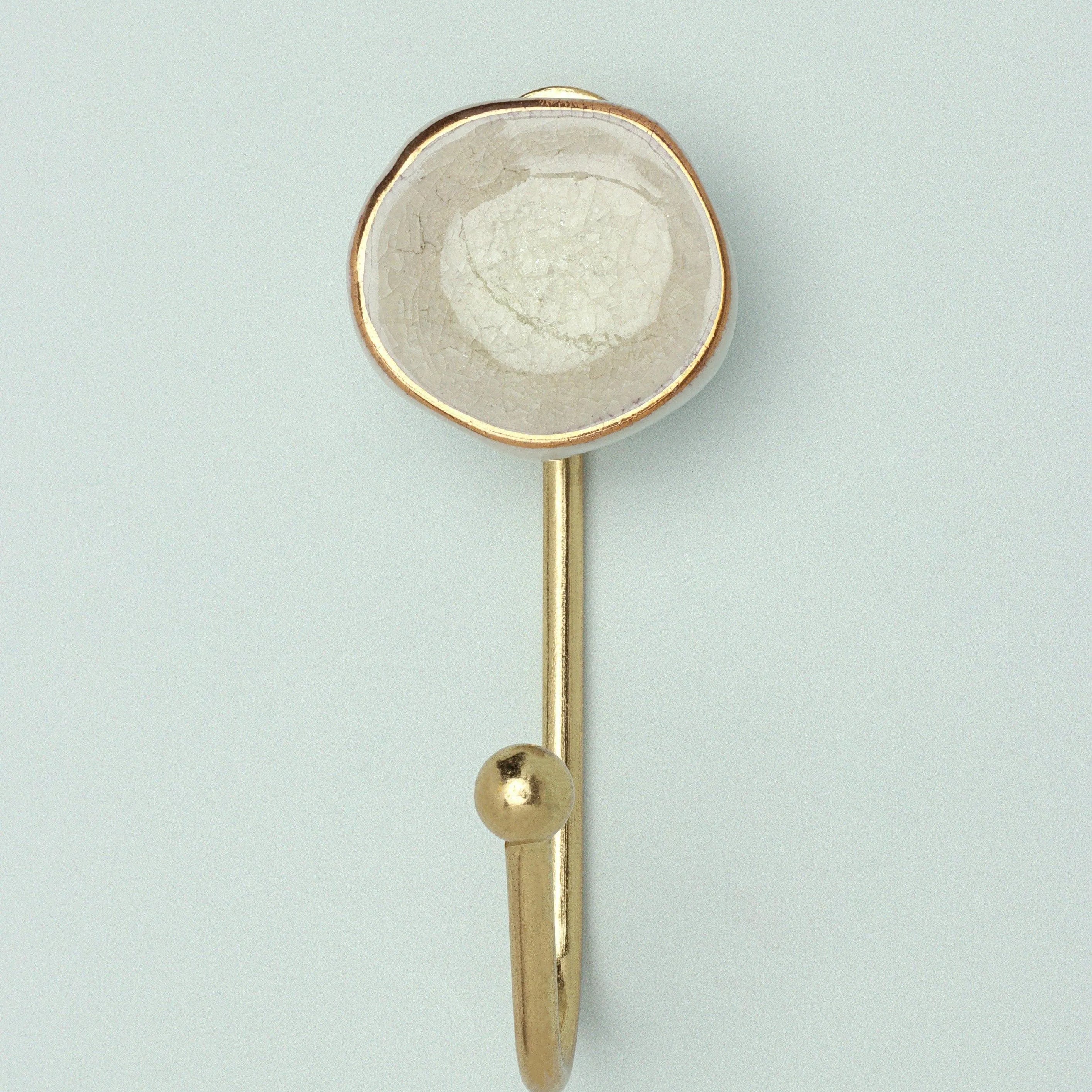 Rhodes Handmade & Handcrafted Ceramic Wall Hook Crackle Glaze with Brass Finish - G Decor