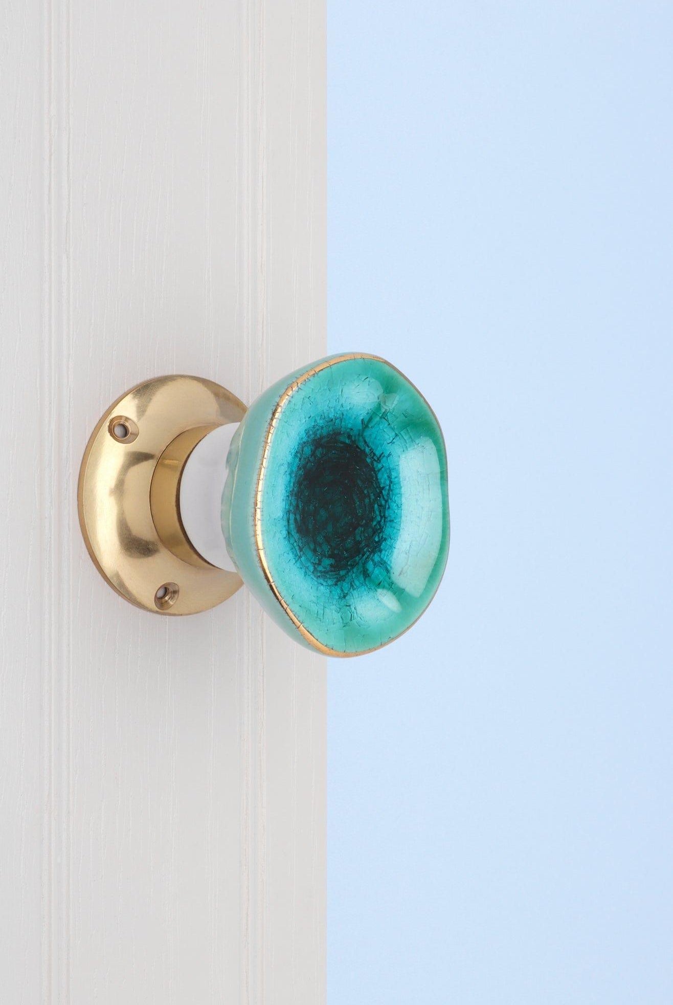 Rhodes Sea Blue Handcrafted & Hand-Painted Ceramic Mortice Door Knob Set with Crackle Glaze Finish & Solid Brass Base- Interior Door Set - G Decor