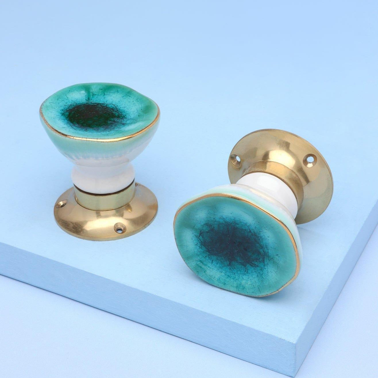Rhodes Sea Blue Handcrafted & Hand-Painted Ceramic Mortice Door Knob Set with Crackle Glaze Finish & Solid Brass Base- Interior Door Set - G Decor