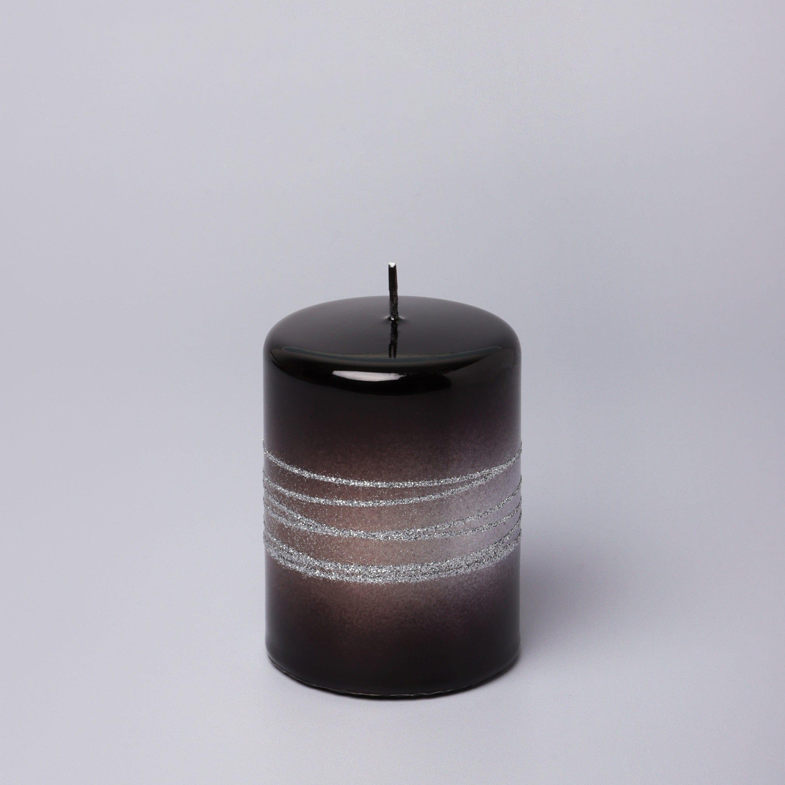 Roselane Mirror Glass Effect Limited Edition Hand-Finished Silver Stripe Glitter Pillar Candle – Obsidian Black - G Decor