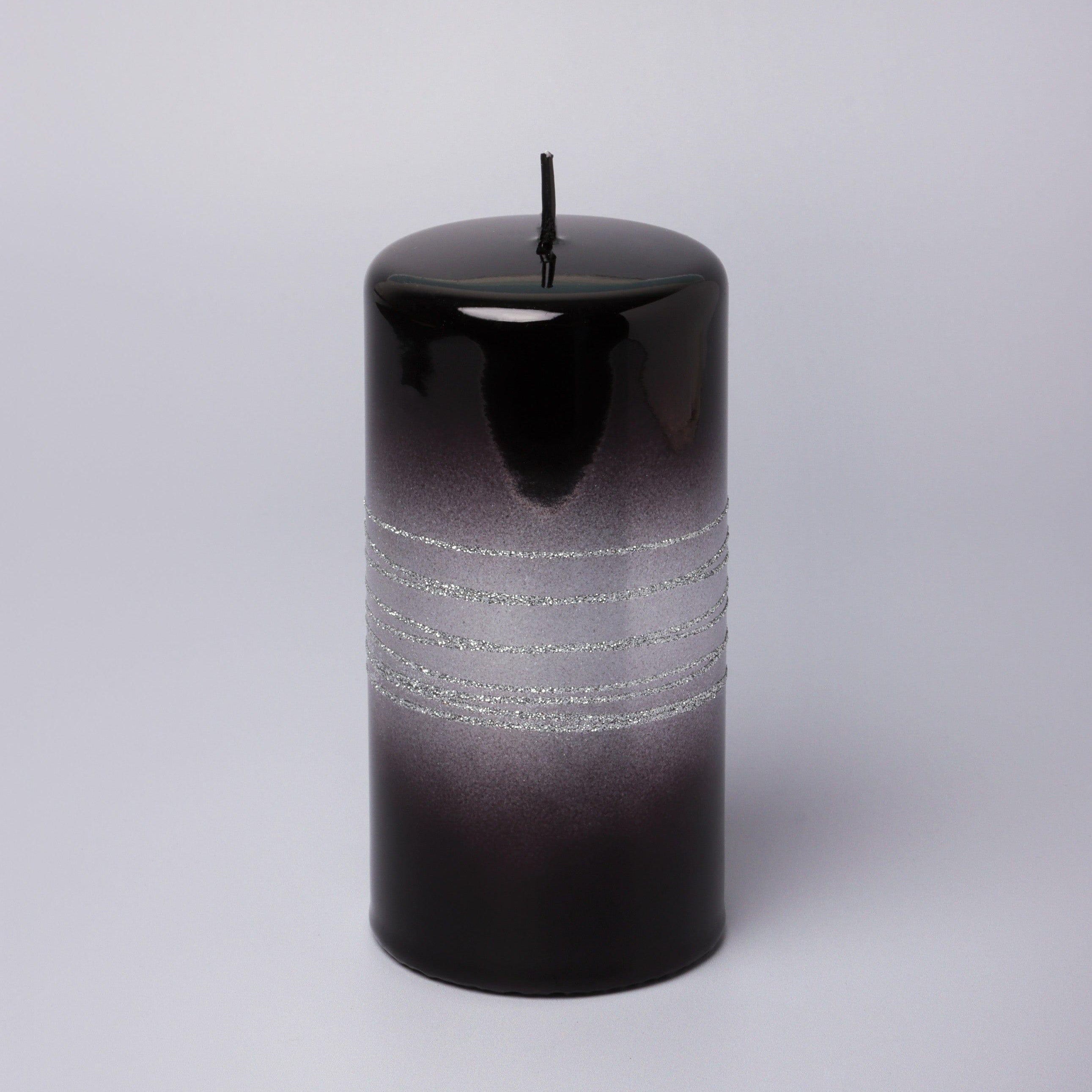 Roselane Mirror Glass Effect Limited Edition Hand-Finished Silver Stripe Glitter Pillar Candle – Obsidian Black - G Decor
