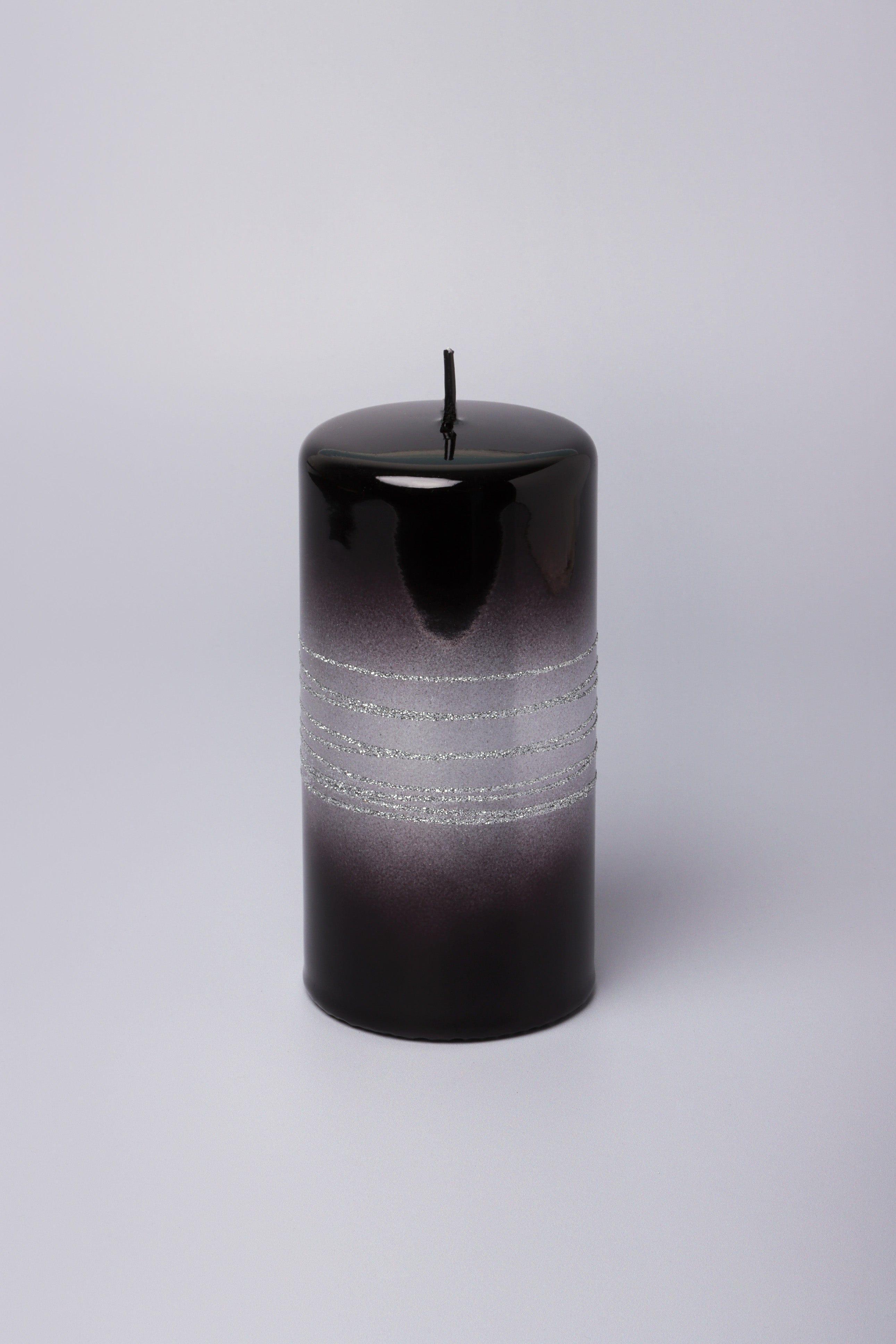 Roselane Mirror Glass Effect Limited Edition Hand-Finished Silver Stripe Glitter Pillar Candle – Obsidian Black - G Decor