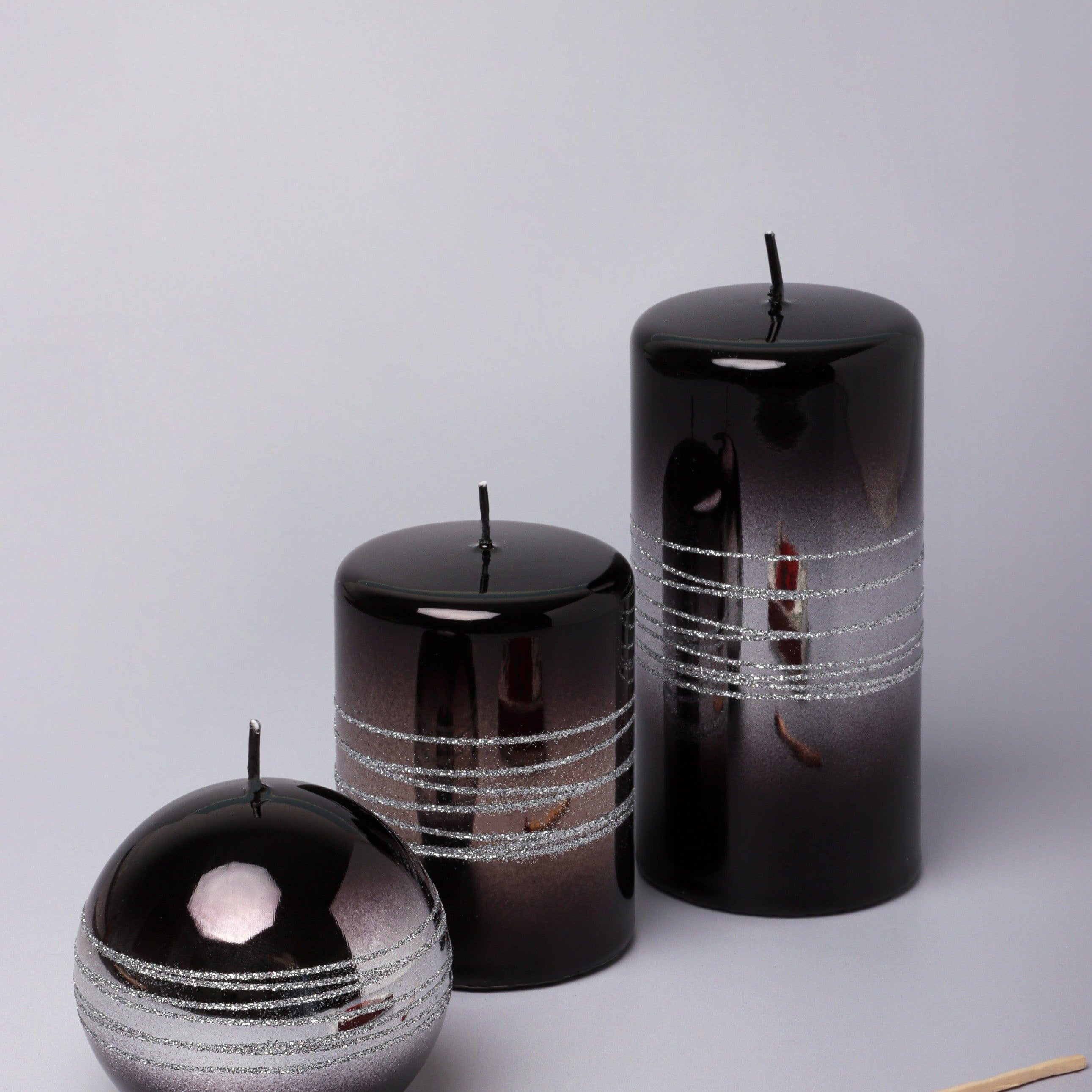 Roselane Mirror Glass Effect Limited Edition Hand-Finished Silver Stripe Glitter Pillar Candle – Obsidian Black - G Decor