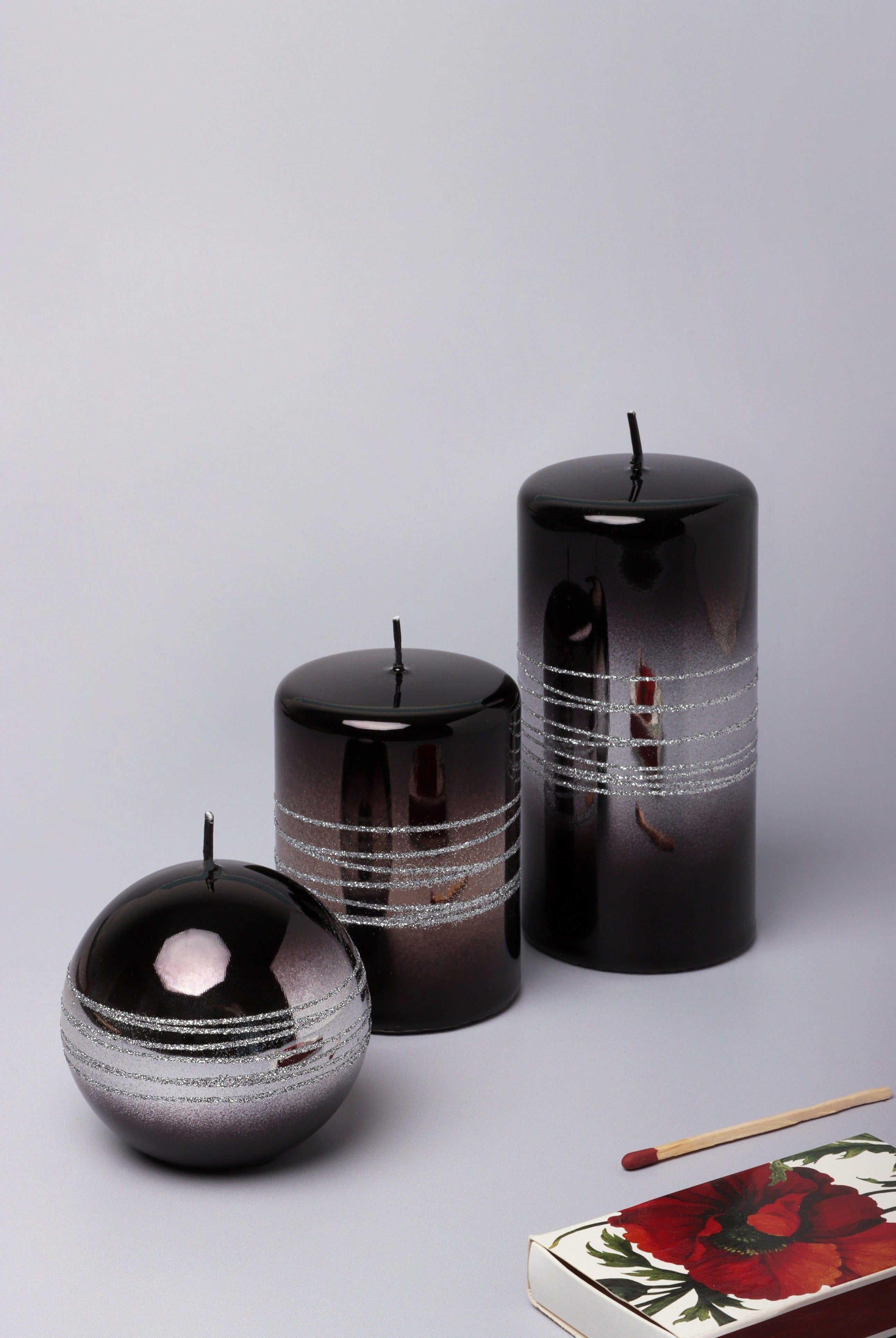 Roselane Mirror Glass Effect Limited Edition Hand-Finished Silver Stripe Glitter Pillar Candle – Obsidian Black - G Decor