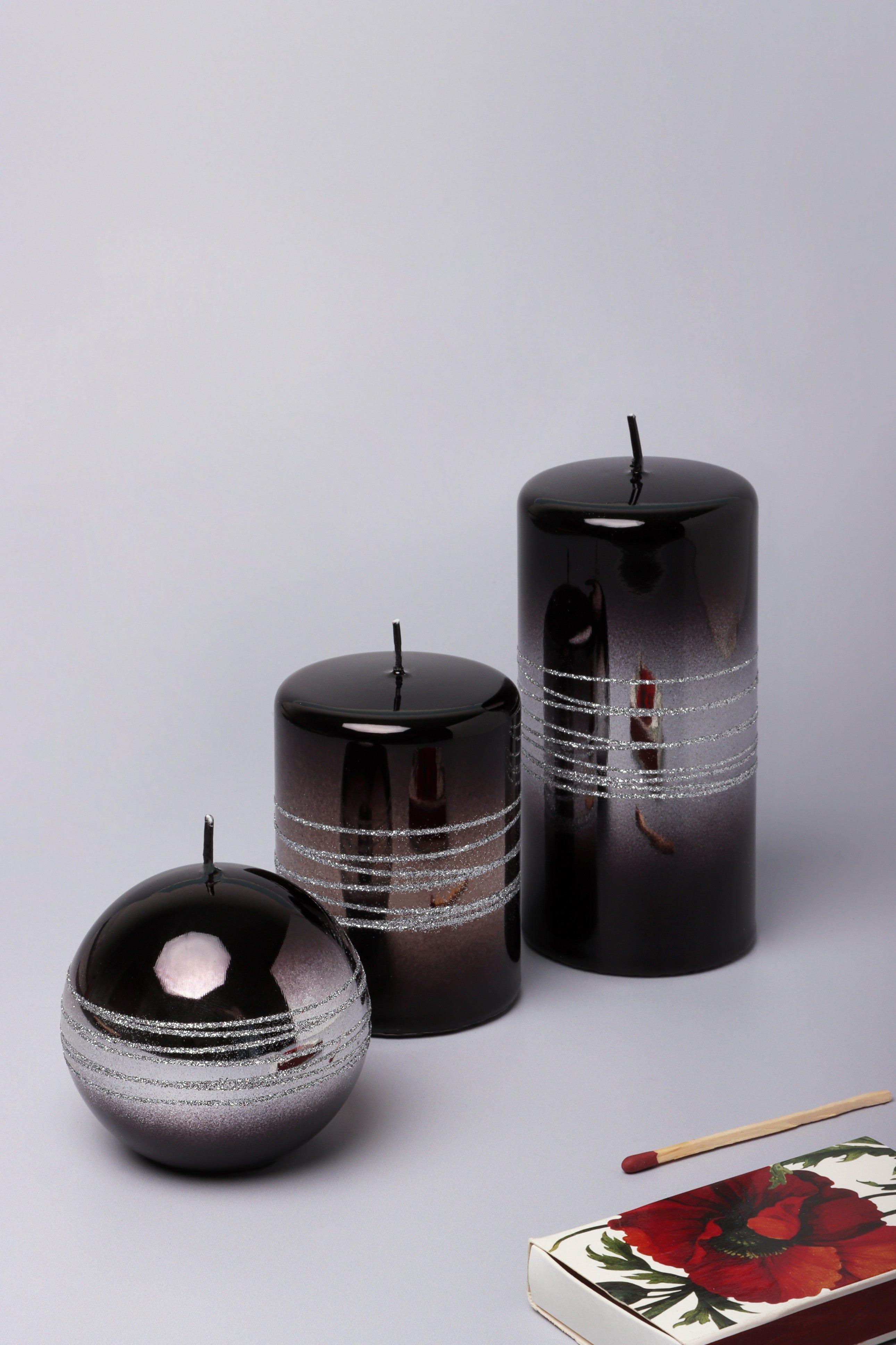 Roselane Mirror Glass Effect Limited Edition Hand-Finished Silver Stripe Glitter Pillar Candle – Obsidian Black - G Decor