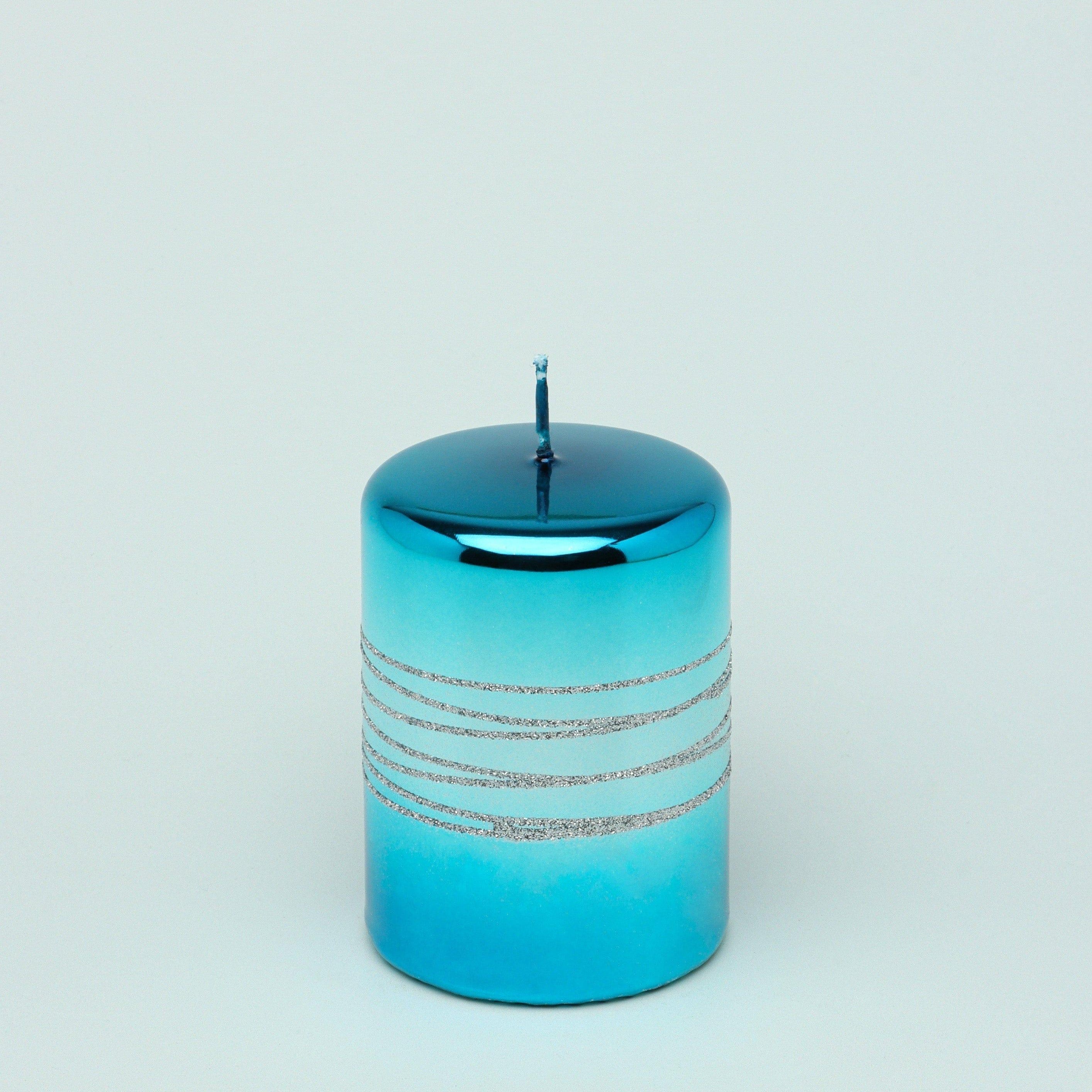 Roselane Mirror Glass Effect Limited Edition Hand-Finished Silver Stripe Glitter Pillar Candle – Oceanic Blue - G Decor