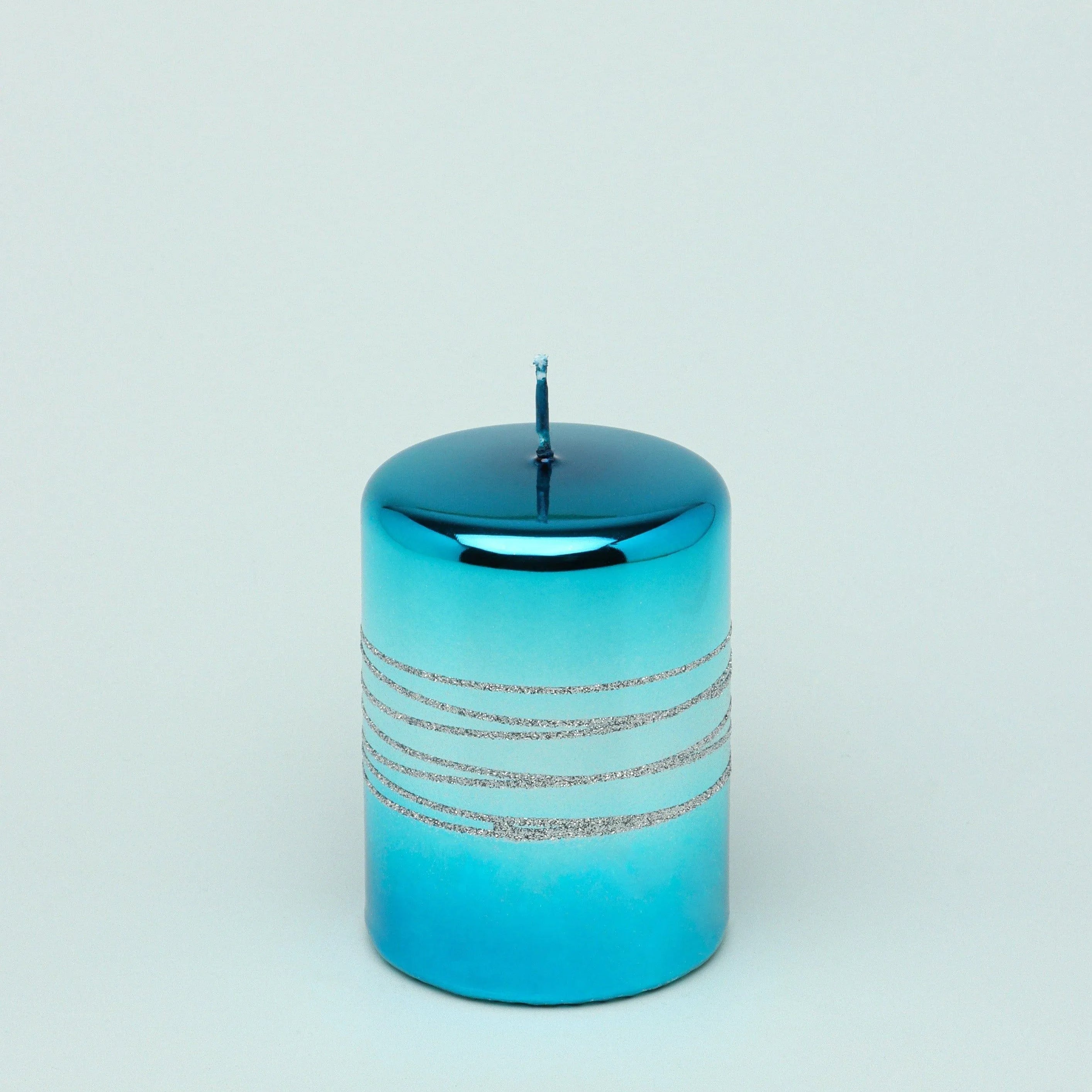 Roselane Mirror Glass Effect Limited Edition Hand-Finished Silver Stripe Glitter Pillar Candle – Oceanic Blue - G Decor
