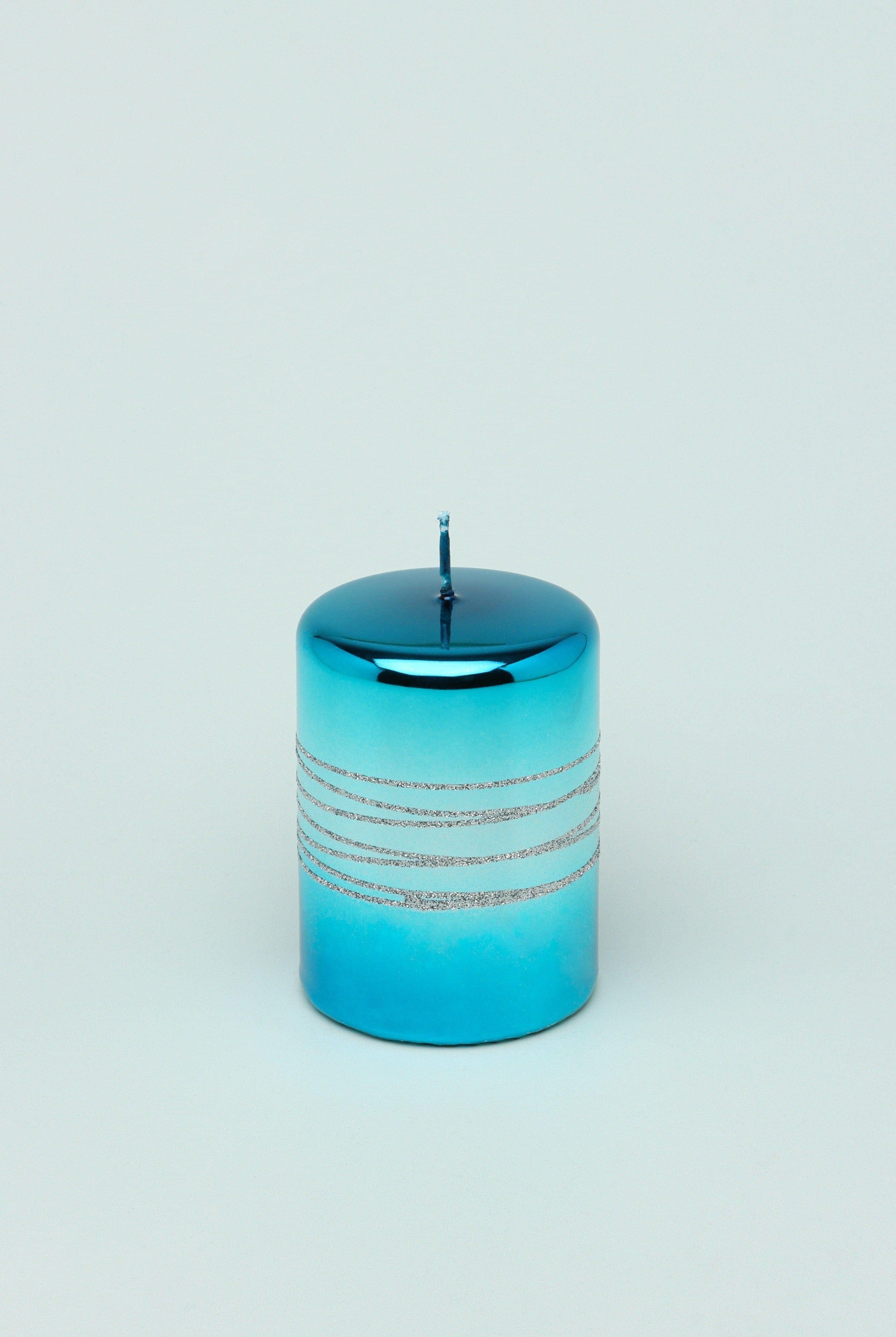 Roselane Mirror Glass Effect Limited Edition Hand-Finished Silver Stripe Glitter Pillar Candle – Oceanic Blue - G Decor