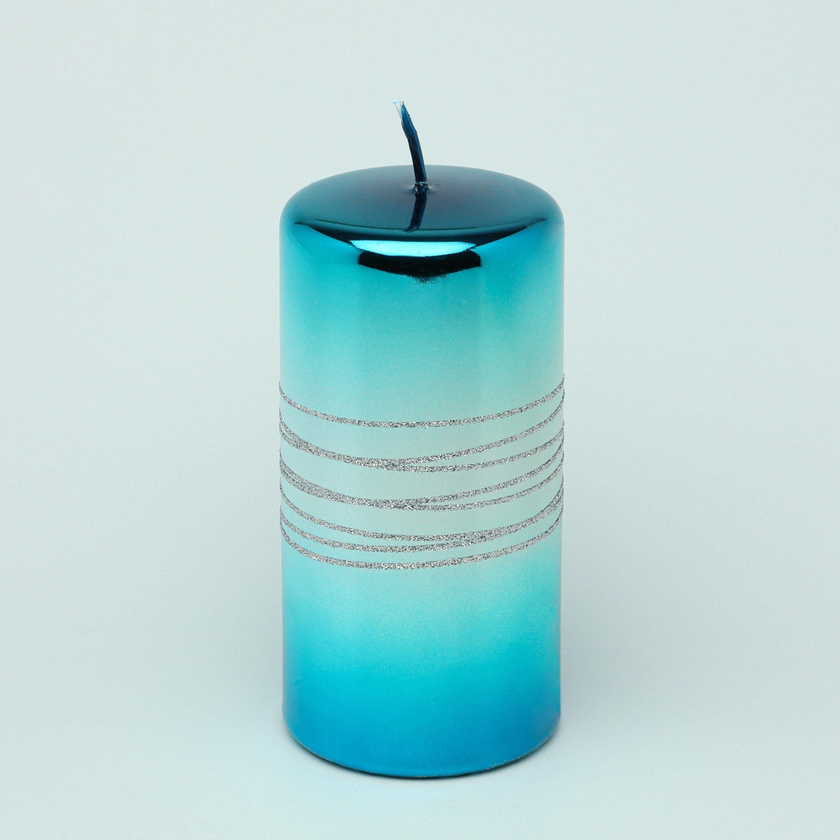 Roselane Mirror Glass Effect Limited Edition Hand-Finished Silver Stripe Glitter Pillar Candle – Oceanic Blue - G Decor