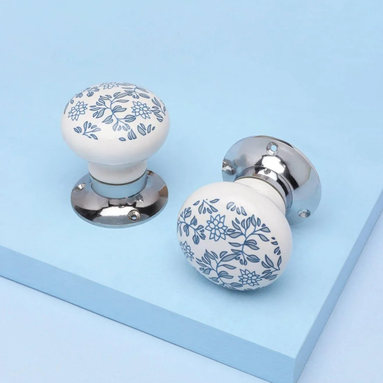 Royal Blue Pattern Ceramic Mortice Door Handles Set – Handcrafted Internal Turning Knobs for Bedroom, Kitchen & Interior Doors with Chrome Base - G Decor