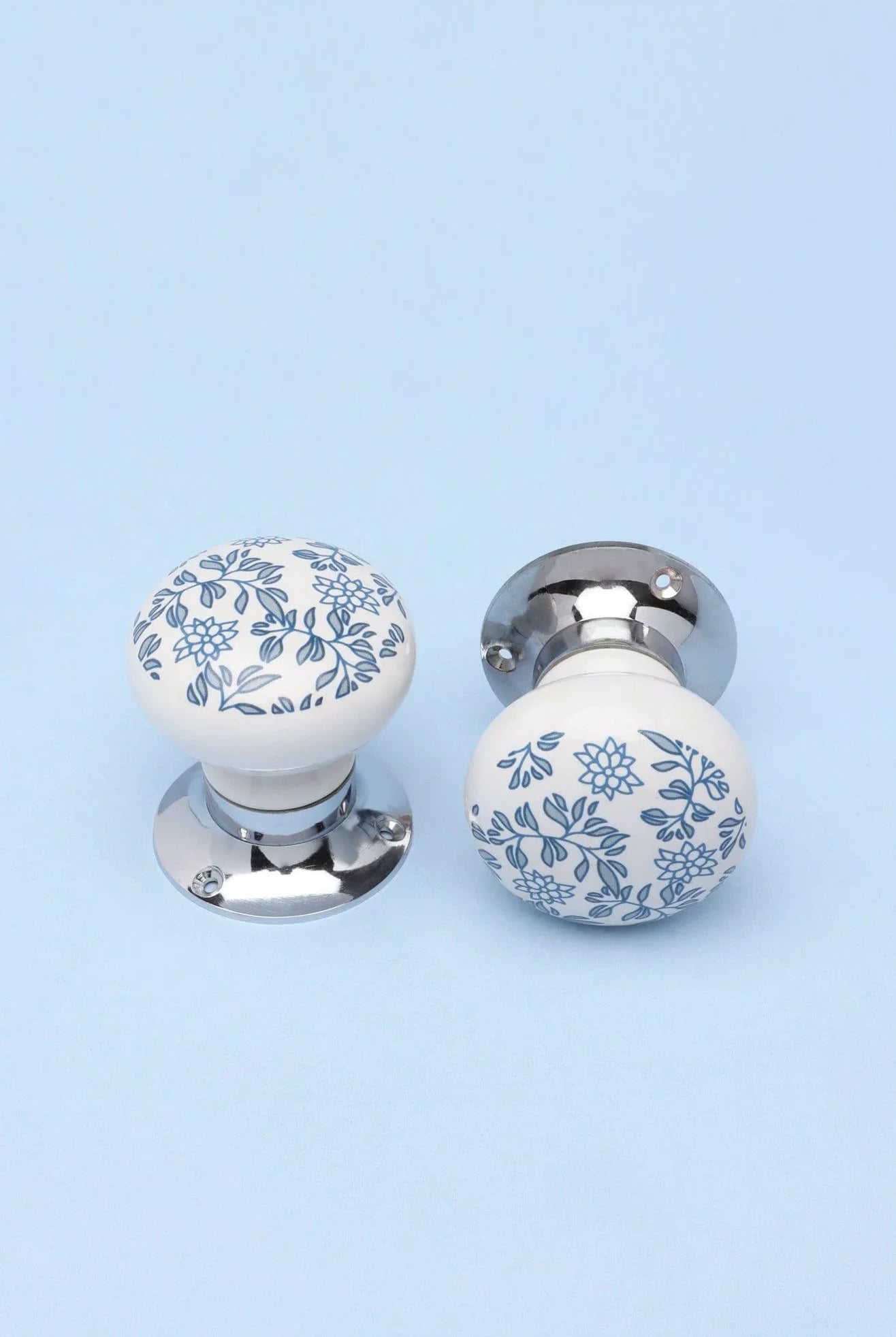 Royal Blue Pattern Ceramic Mortice Door Handles Set – Handcrafted Internal Turning Knobs for Bedroom, Kitchen & Interior Doors with Chrome Base - G Decor