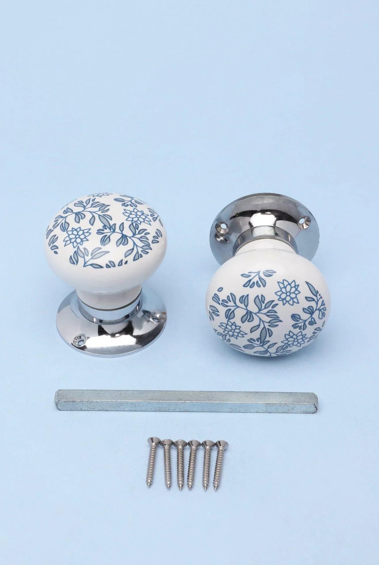 Royal Blue Pattern Ceramic Mortice Door Handles Set – Handcrafted Internal Turning Knobs for Bedroom, Kitchen & Interior Doors with Chrome Base - G Decor