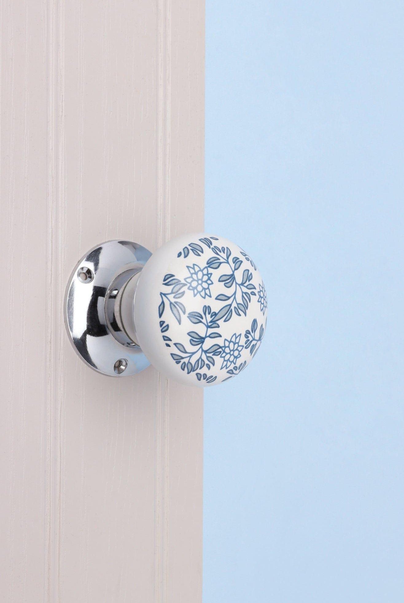 Royal Blue Pattern Ceramic Mortice Door Handles Set – Handcrafted Internal Turning Knobs for Bedroom, Kitchen & Interior Doors with Chrome Base - G Decor