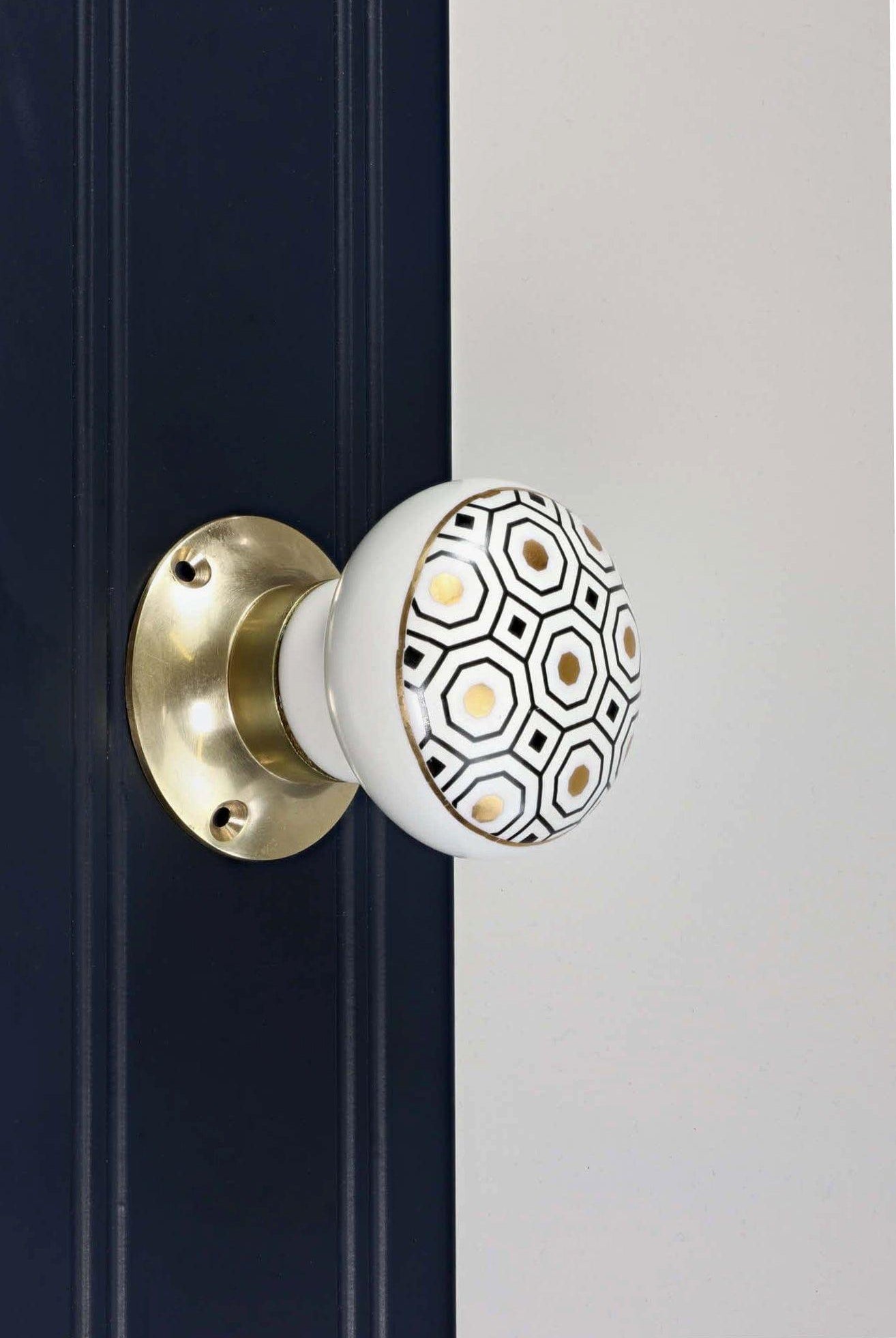 Royal Gold I – Handcrafted Ceramic Mortice Door Knob Set with Brass Base – Honeycomb Pattern for Interior Room Doors - G Decor