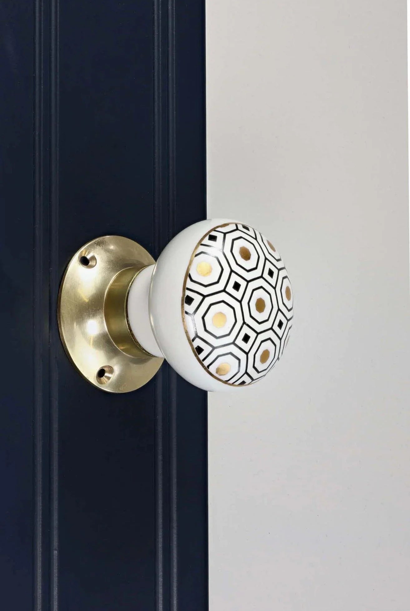 Royal Gold I – Handcrafted Ceramic Mortice Door Knob Set with Brass Base – Honeycomb Pattern for Interior Room Doors - G Decor