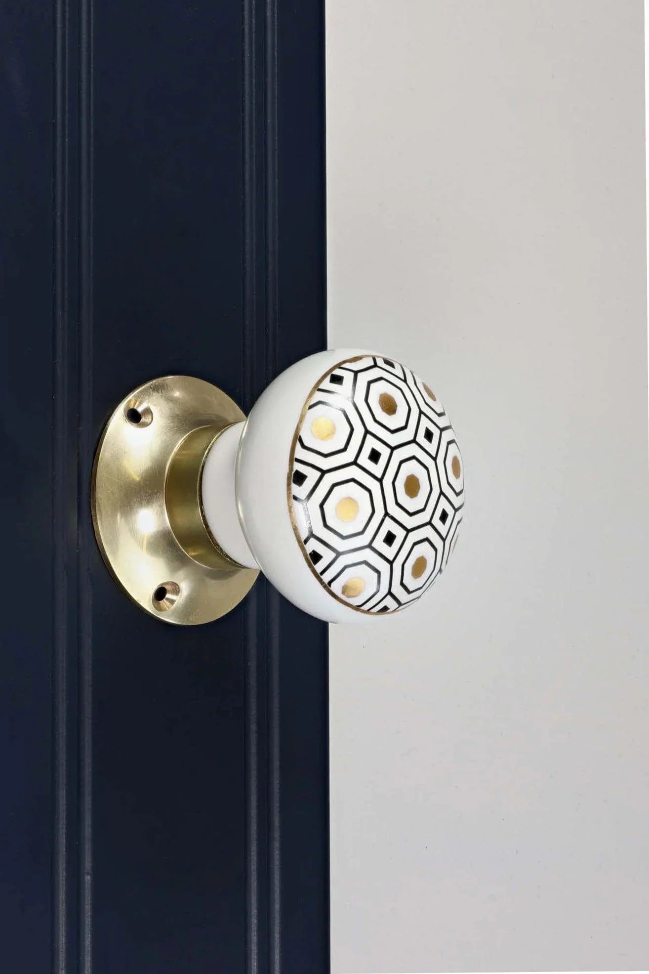 Royal Gold I Honeycomb Pattern Ceramic Mortice Door Knobs with Brass Base — alternate view, G Decor