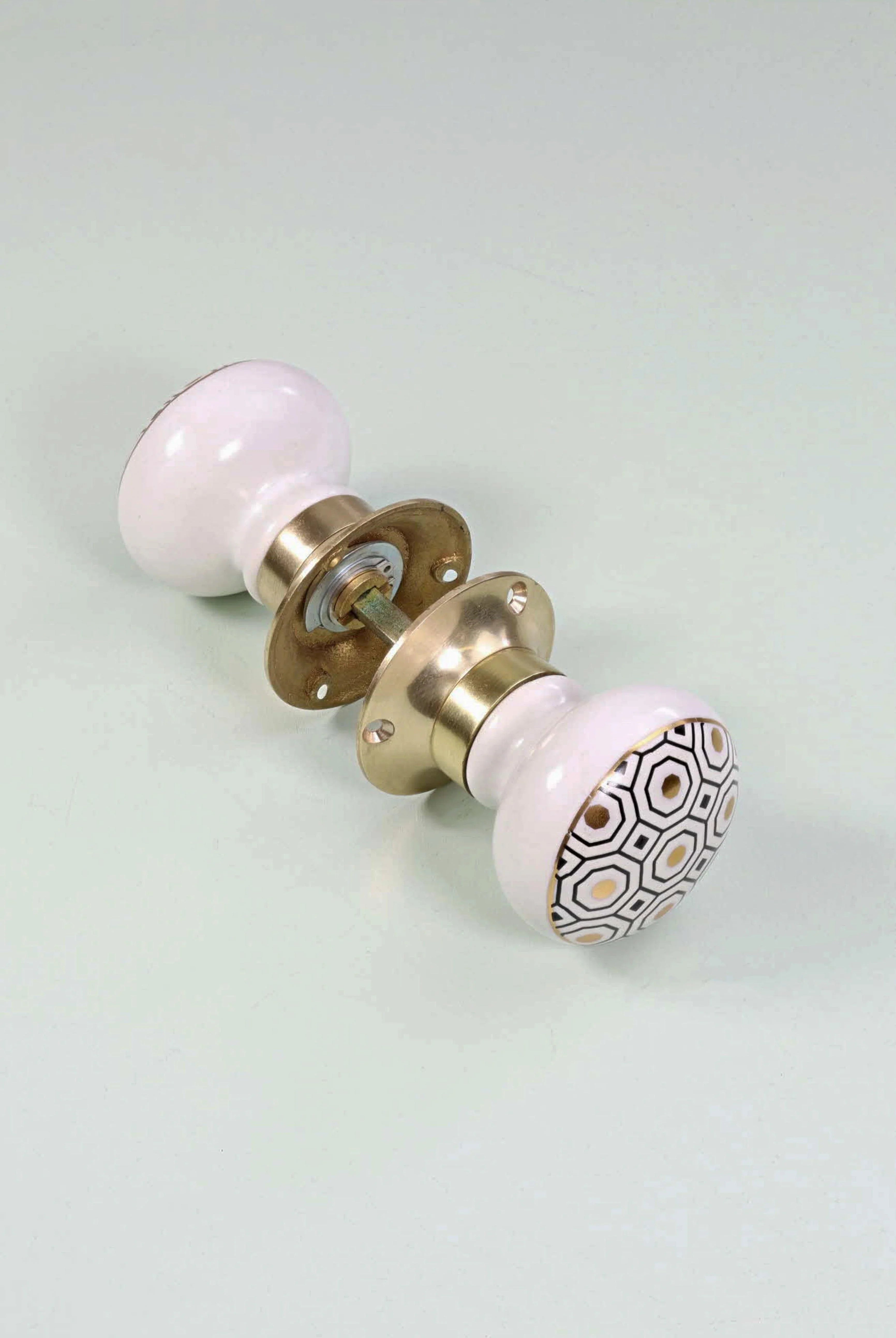 Royal Gold I – Handcrafted Ceramic Mortice Door Knob Set with Brass Base – Honeycomb Pattern for Interior Room Doors - G Decor