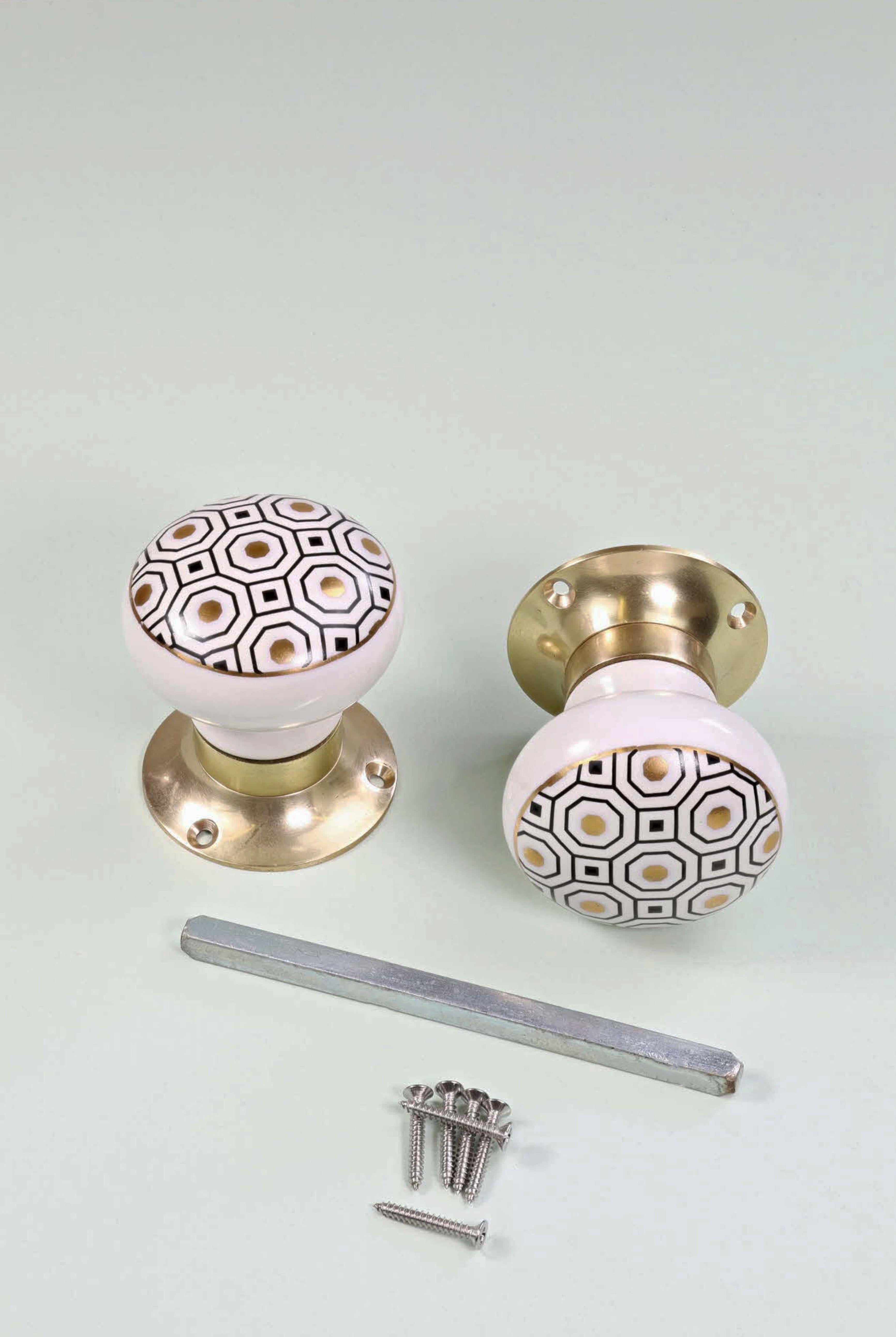 Royal Gold I – Handcrafted Ceramic Mortice Door Knob Set with Brass Base – Honeycomb Pattern for Interior Room Doors - G Decor