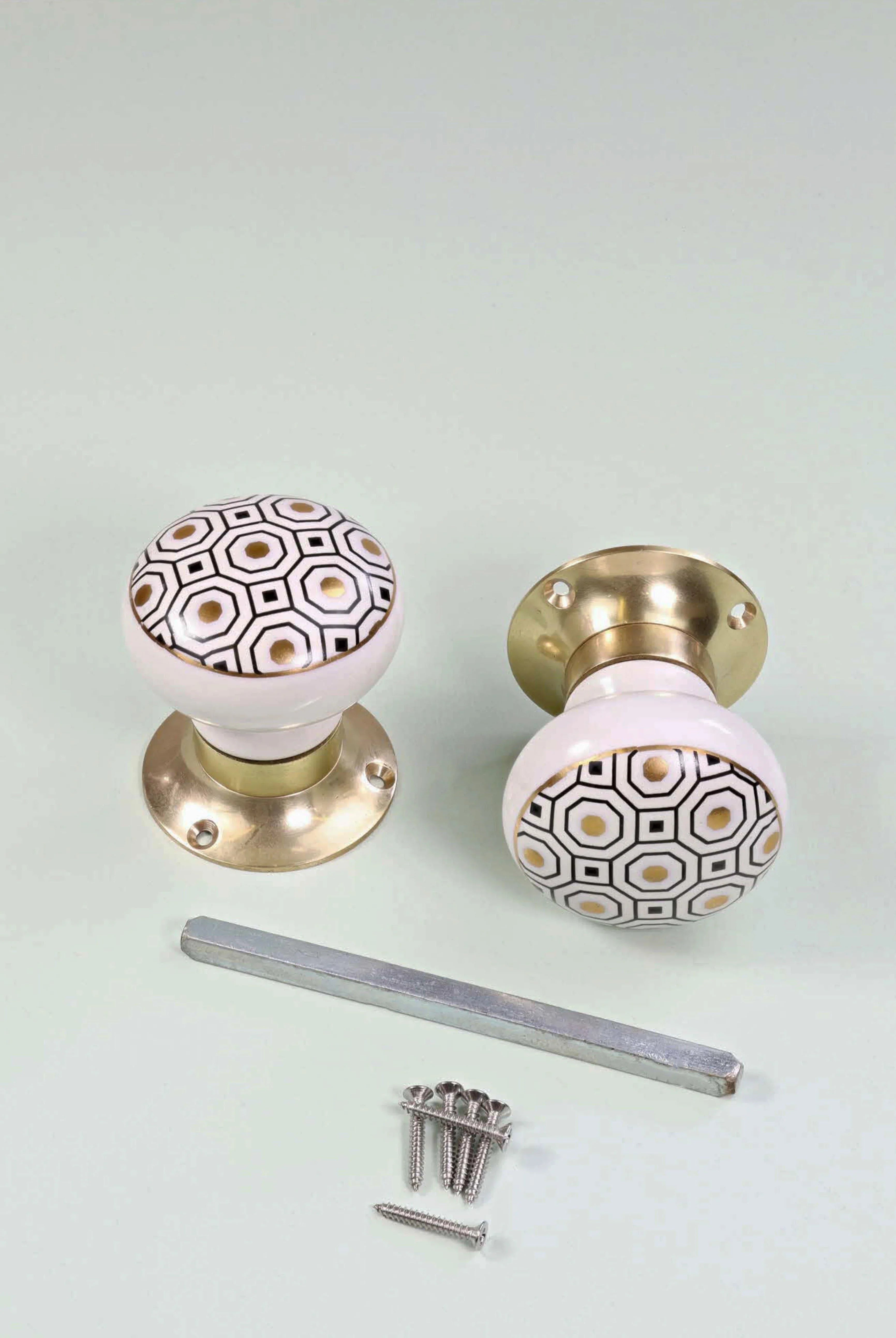 Royal Gold I – Handcrafted Ceramic Mortice Door Knob Set with Brass Base – Honeycomb Pattern for Interior Room Doors - G Decor