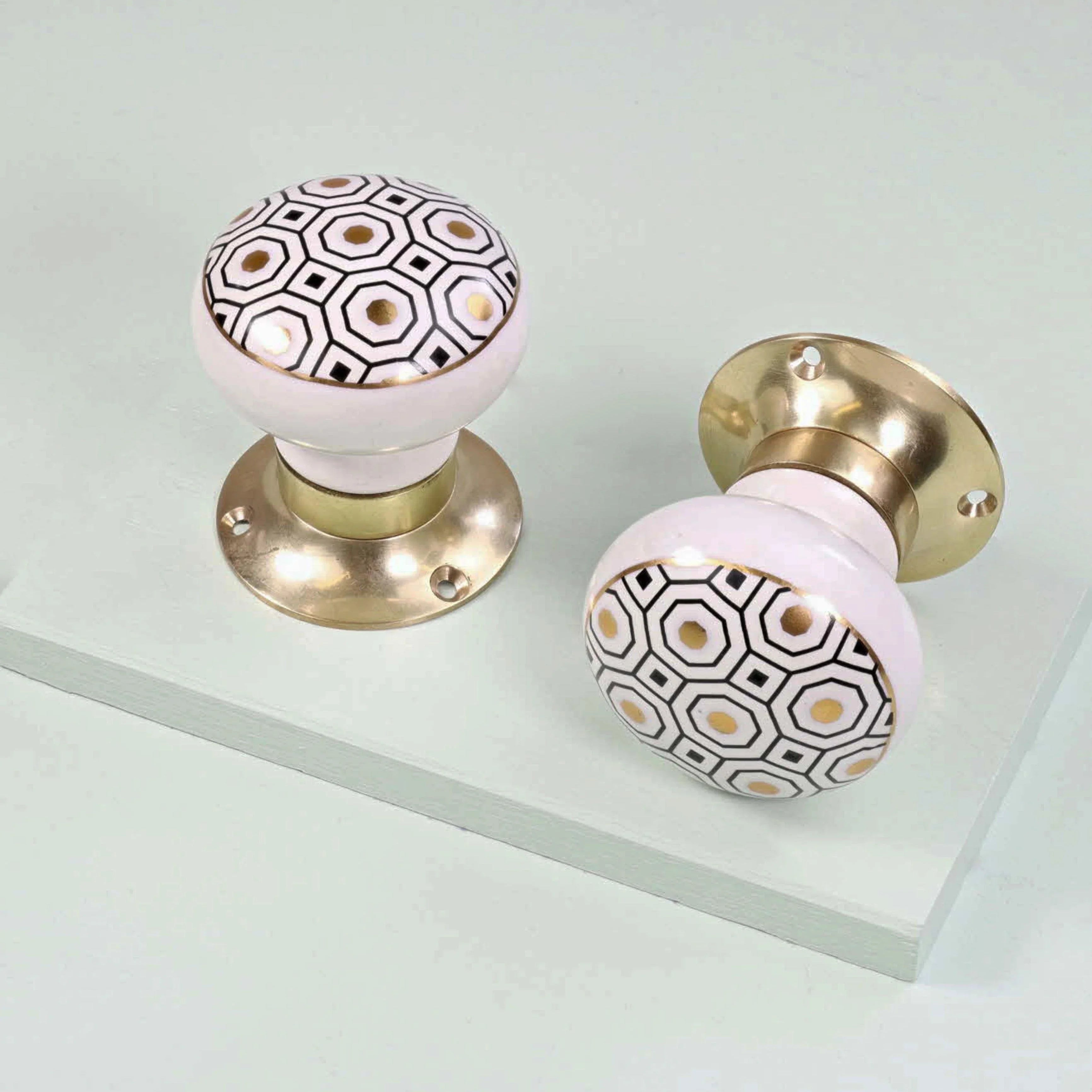 Royal Gold I – Handcrafted Ceramic Mortice Door Knob Set with Brass Base – Honeycomb Pattern for Interior Room Doors - G Decor