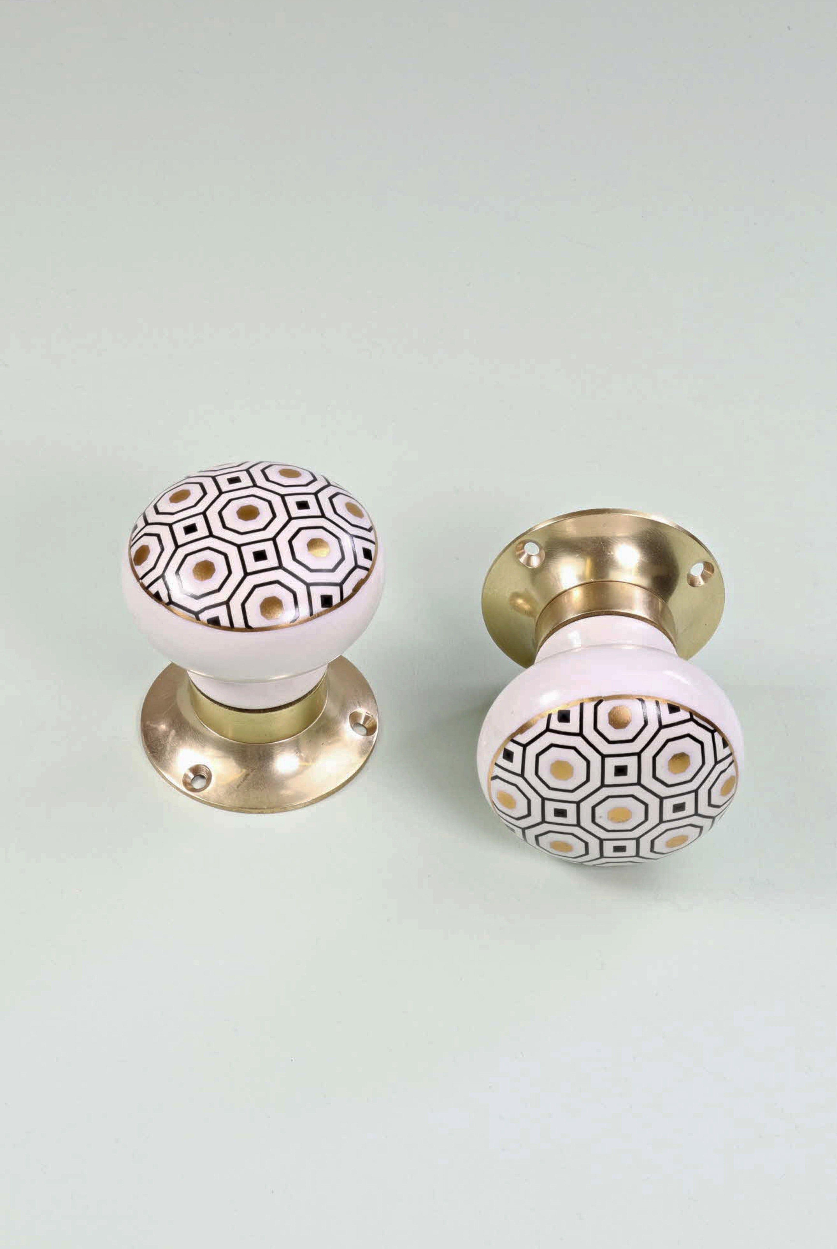 Royal Gold I – Handcrafted Ceramic Mortice Door Knob Set with Brass Base – Honeycomb Pattern for Interior Room Doors - G Decor