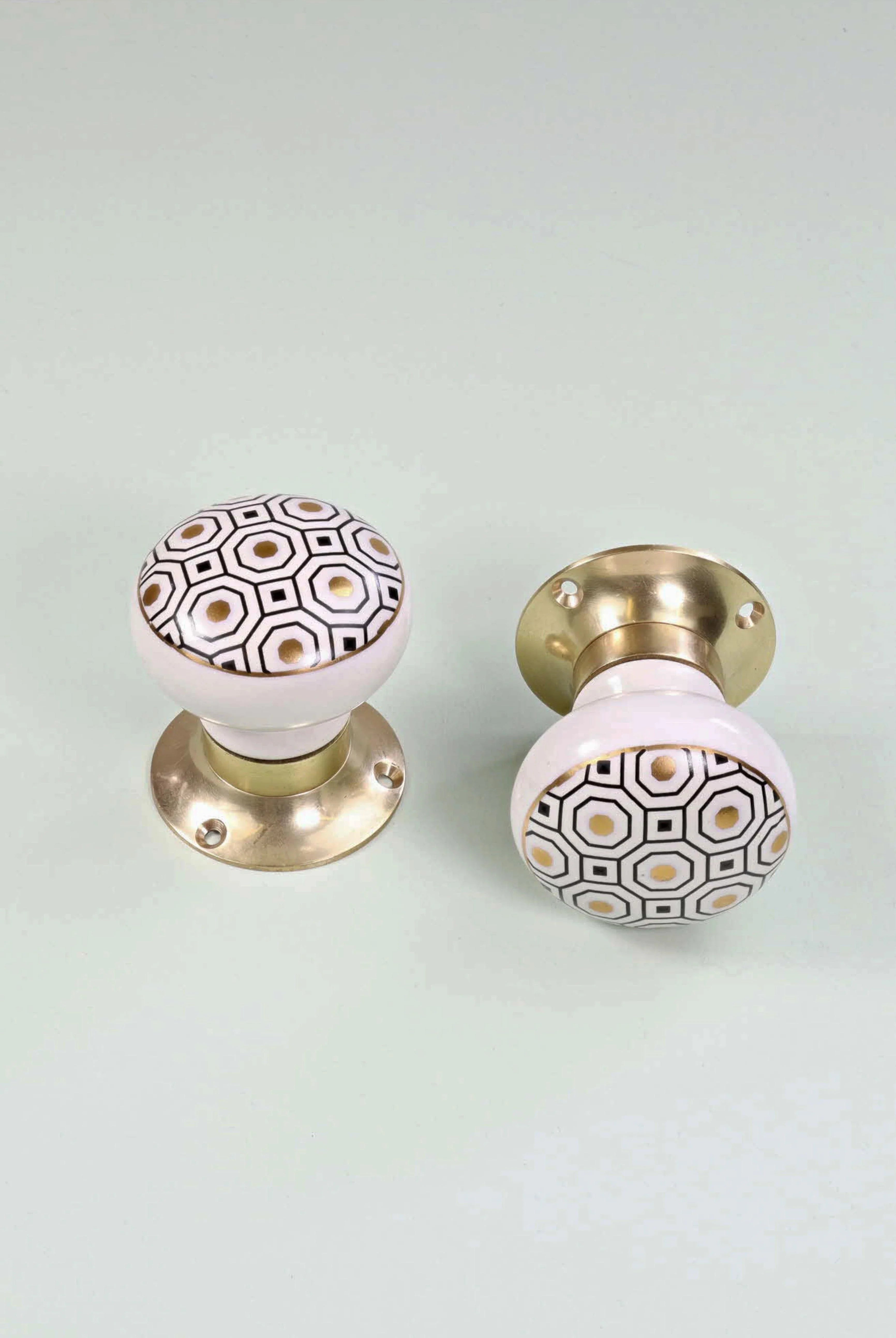 Royal Gold I – Handcrafted Ceramic Mortice Door Knob Set with Brass Base – Honeycomb Pattern for Interior Room Doors - G Decor