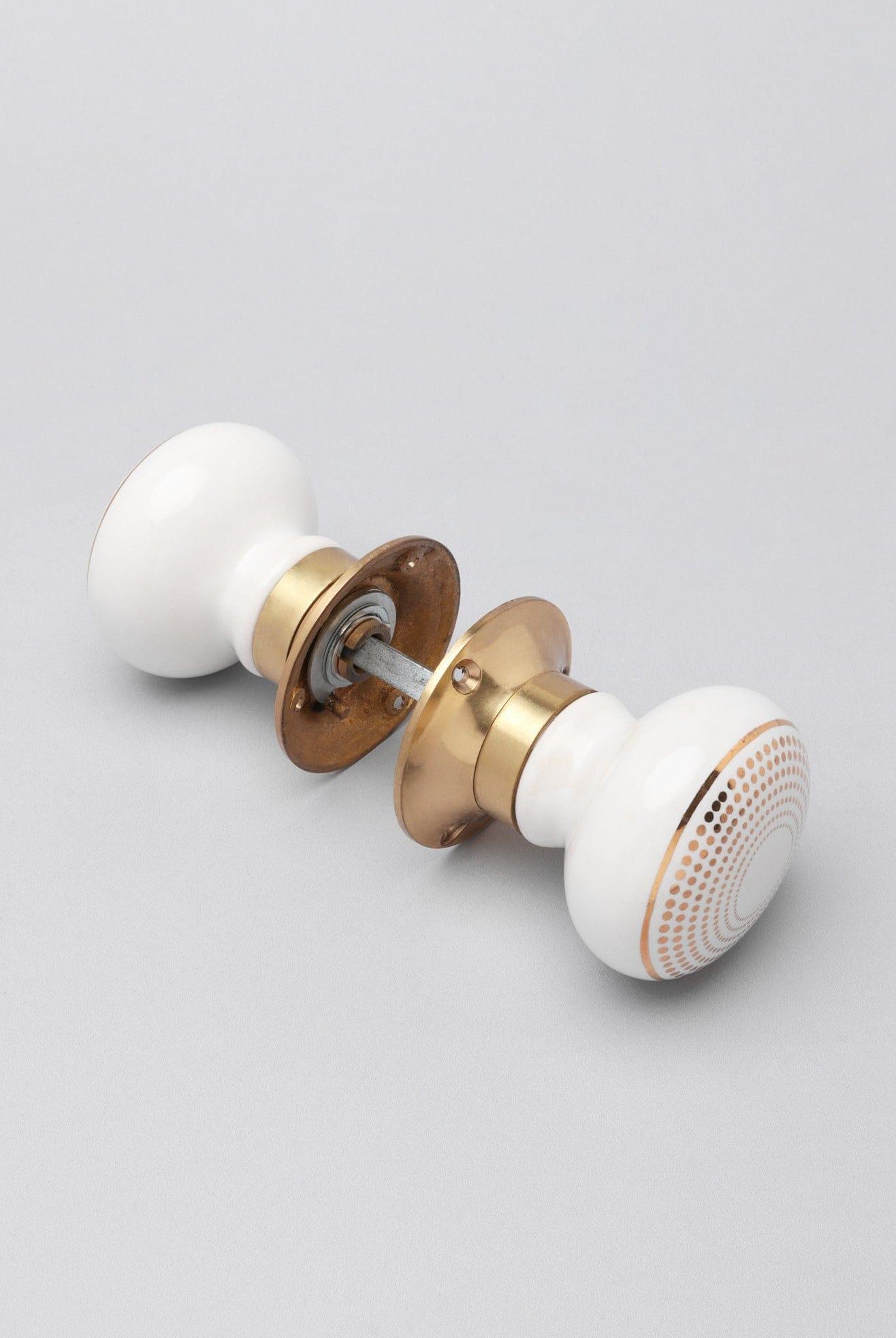 Royal Gold III – Handcrafted Ceramic Mortice Door Knob Set with Brass Base – Dotted Circle Pattern for Interior Room Doors - G Decor